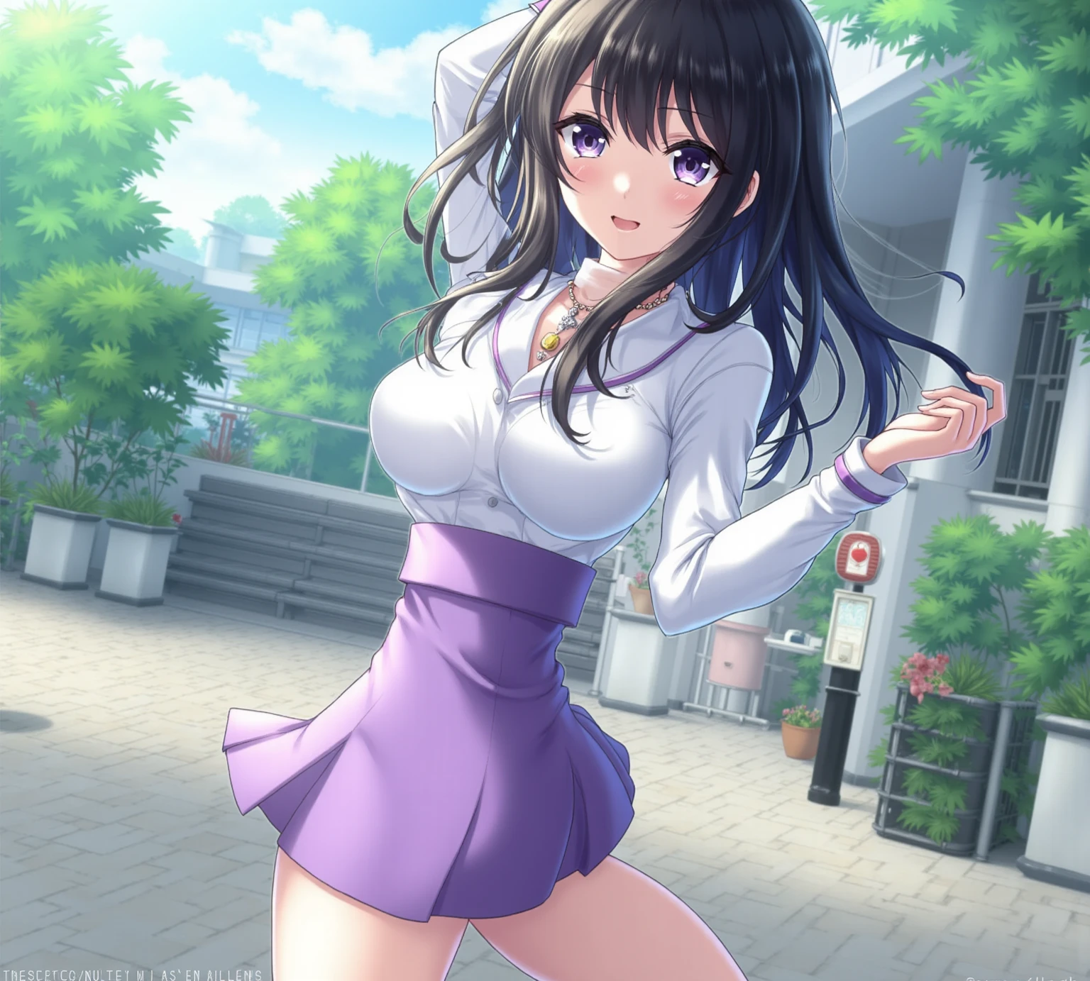 (Day:1.4) masterpiece, best quality, highres, hi1, purple hair, purple eyes, large breasts, hair bow, skirt, white shirt, cowboy shot,