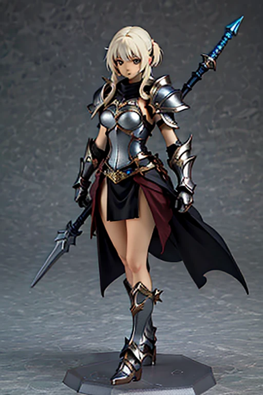 figure of warrior, sexy pose, big breasts, servo armor, short white hair, elf earns, conical hat