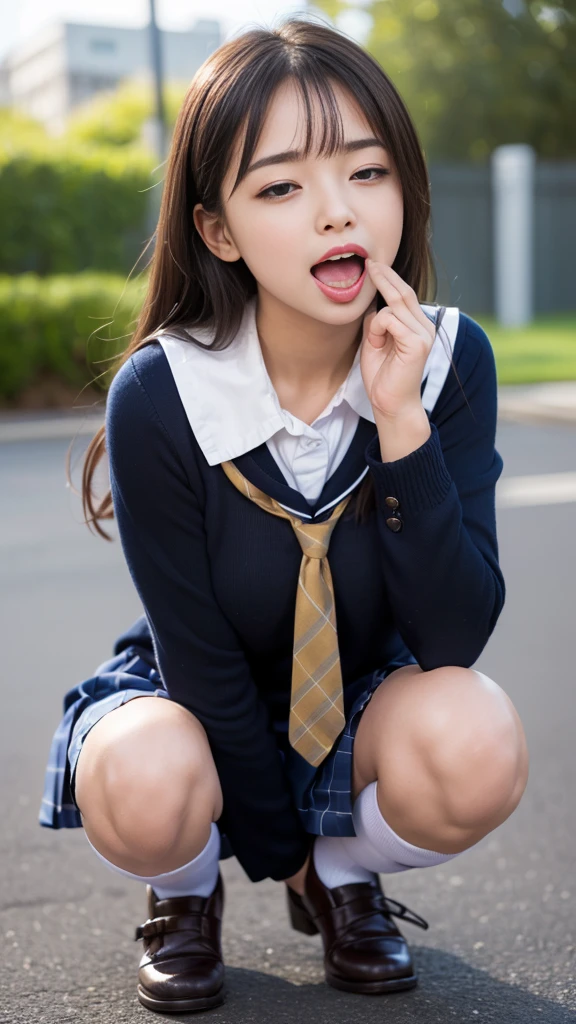 ((Highest quality)), Photogenic, Detailed skin, Detailed face, (Side-eyed tongue:1.5),ahegao, Mouth Opening, Long wet tongue, Drooling tongue, School classroom,Red Tie Uniform, Neat grey blazer,(Grey no-tuck mini skirt:1.7 ) ,, Shortcuts,Brown Hair, A mocking smile,(Thighs:1.5) ,knees, (((Crouched whole body:1.6))), pretty girl,Fresh and muscular thighs, loafers, White short socks with frills, Crouching, As if peering at me, Panty shot, ((((fellatio gesture: 1.6))), Handjob, ((Spread your legs out to the side:1.4))