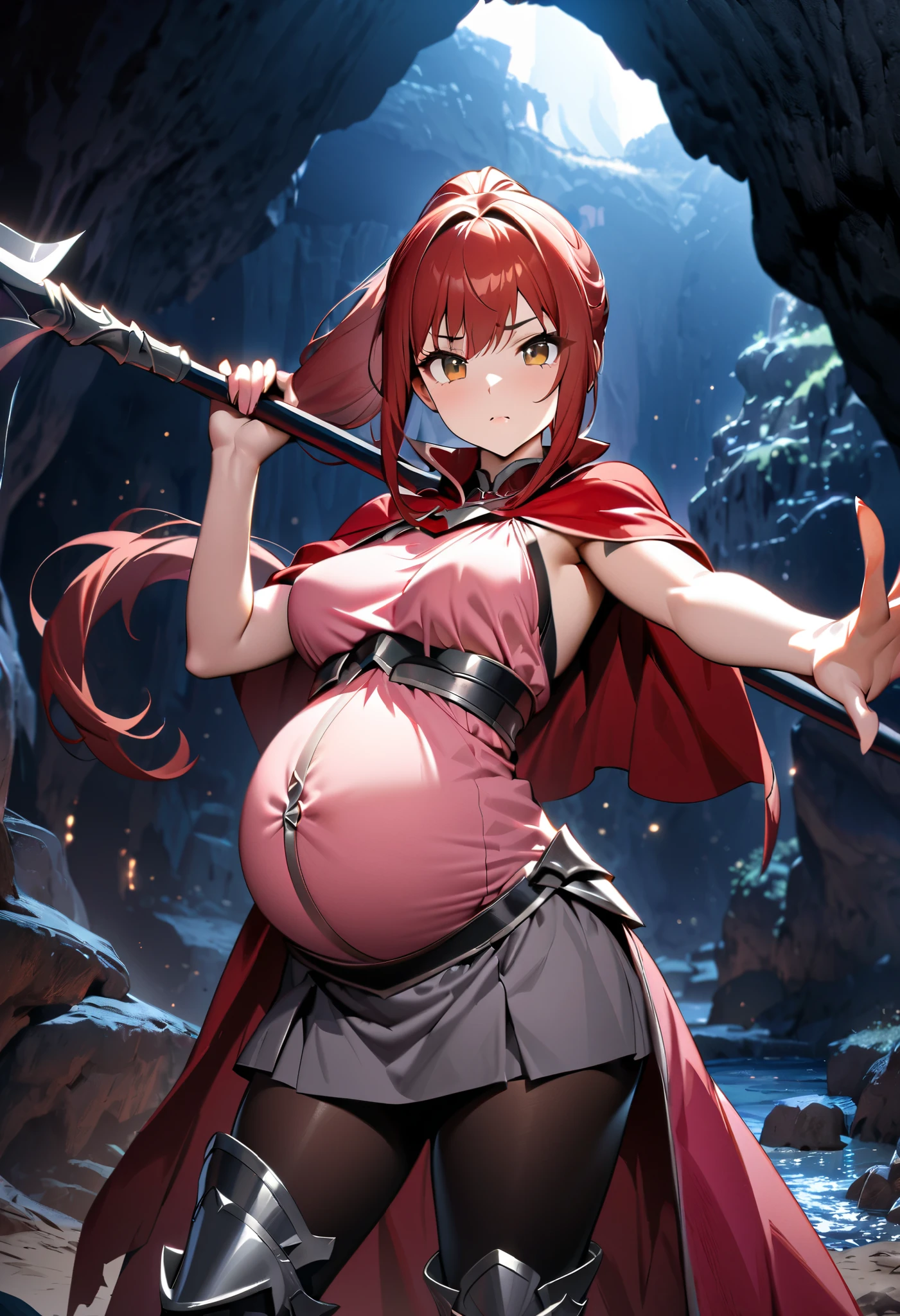 High Resolution, High Quality, High Details, cave scene, night, 1girl, red hair, long Ponytail, brown eyes, medium breasts, red cloak, pink tunic, grey skirt, black leggings, armor boots, looking at viewer, holding spear, pregnant belly, right arm covered by bandages, sexy pose, reaching for viewer