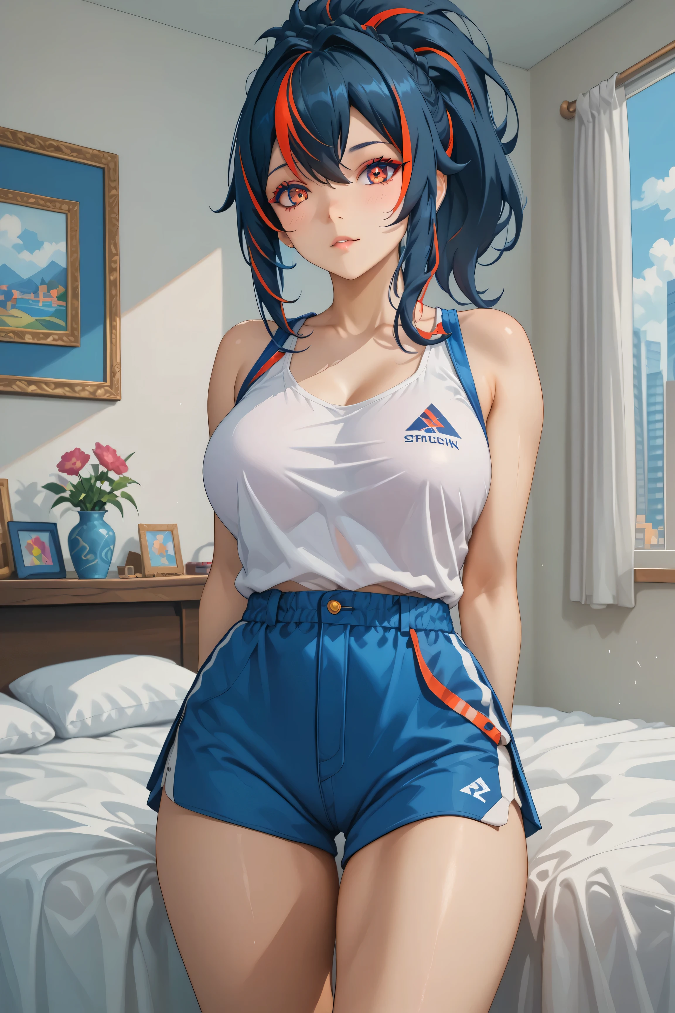 Masterpiece, extremely detailed,solo,1girl,zhu yuan,fullbody,slim perfect body,ponytail streaked hair,large breasts,wonderful eyes,white tanktop,sleeveless,shorts,looking at viewers,arms behind back,bed rooms,sit on the bed,photograph,cowboy shot