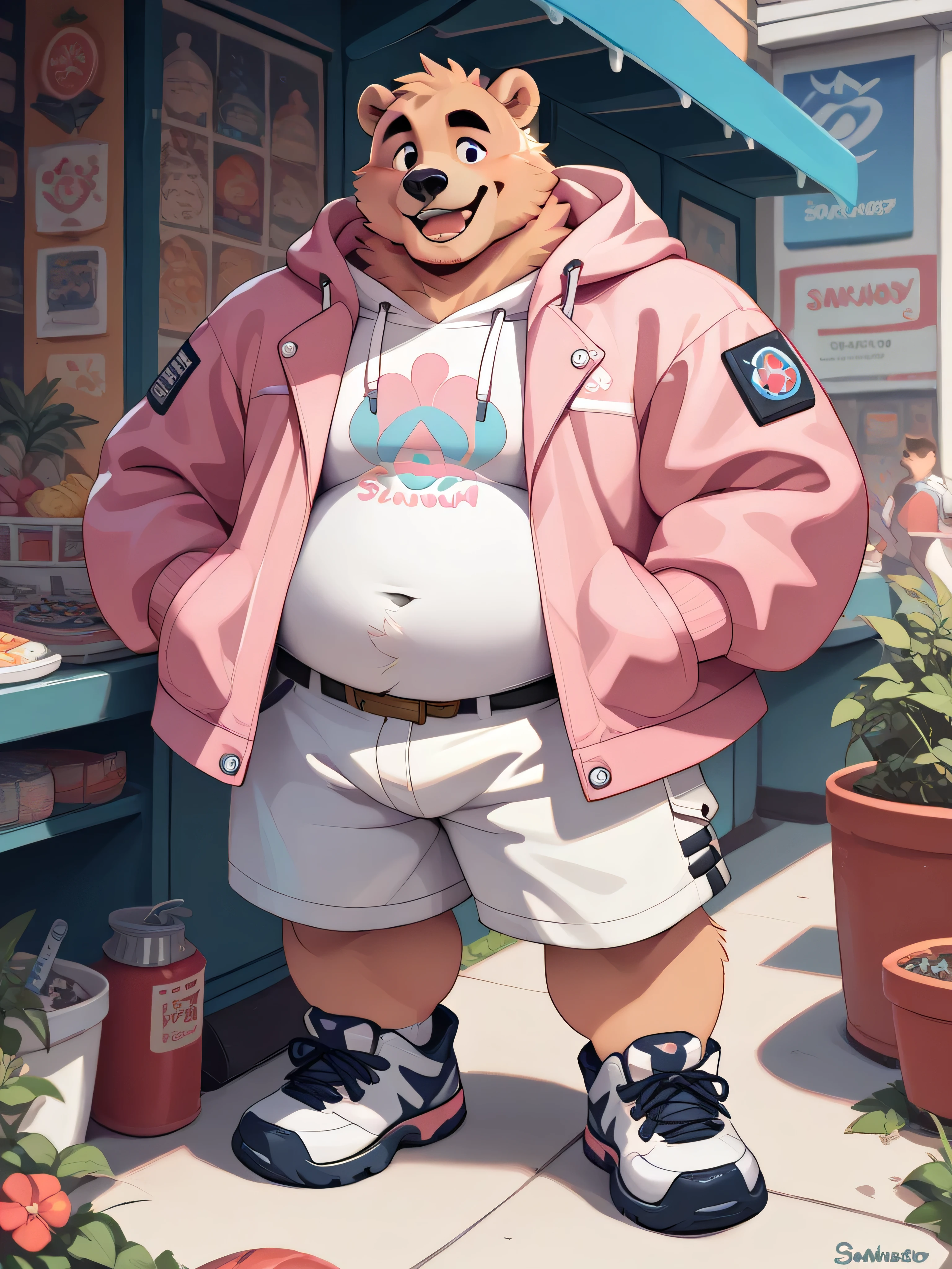 fat chubby male bear, wearing a pink hoodie and white cargo shorts, smiling bashfully, full body frame.