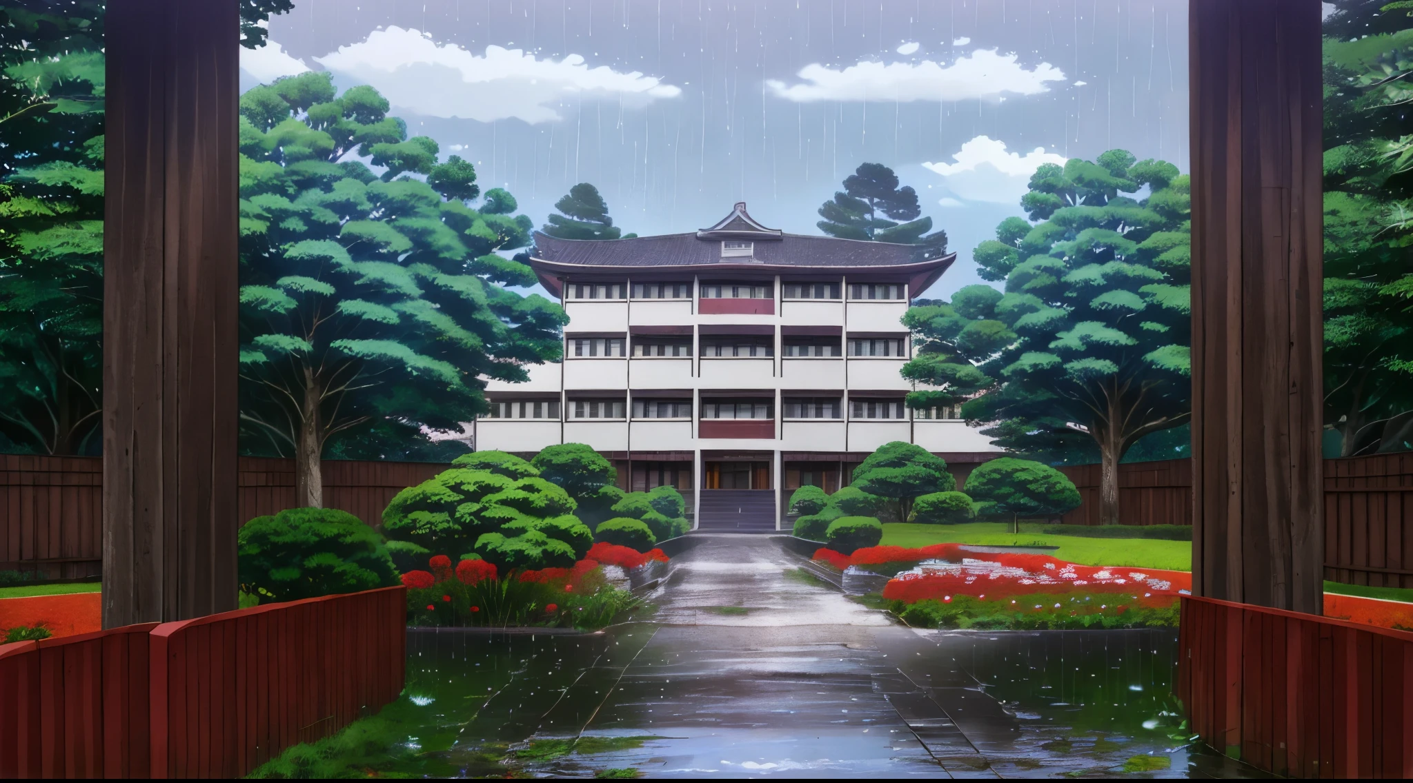 (Rainy sky) (Raindrops Falling) (Afternoon) (Grey Sky)
(80’s Anime) (Classic) (Vintage) (Retro)
1980’s Tokyo High School is a huge broad campus of several buildings build in a traditional Japanese High School architectural style.
The school building is well hidden in the center of Tokyo's City, far and high in the Downtown District. Naturally, there is a garden where there are a lot of (Red lily flowers) (Higanbana) around the property to further obscure the location.
(View from the High School)