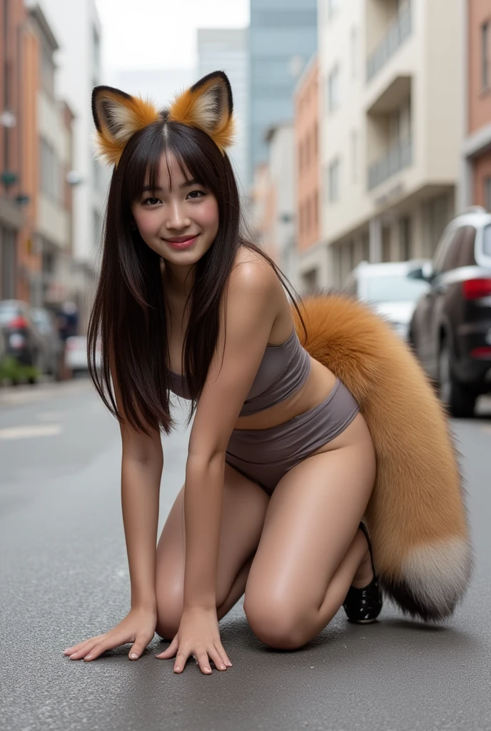 ((highest quality)), ((masterpiece)), (become familiar with), perfect face, fox woman, Beautiful woman, public, A tail is growing, she has a fluffy tail, she has a big fox tail, she is wagging her tail, smile, she is wearing a bikini, get down on all fours