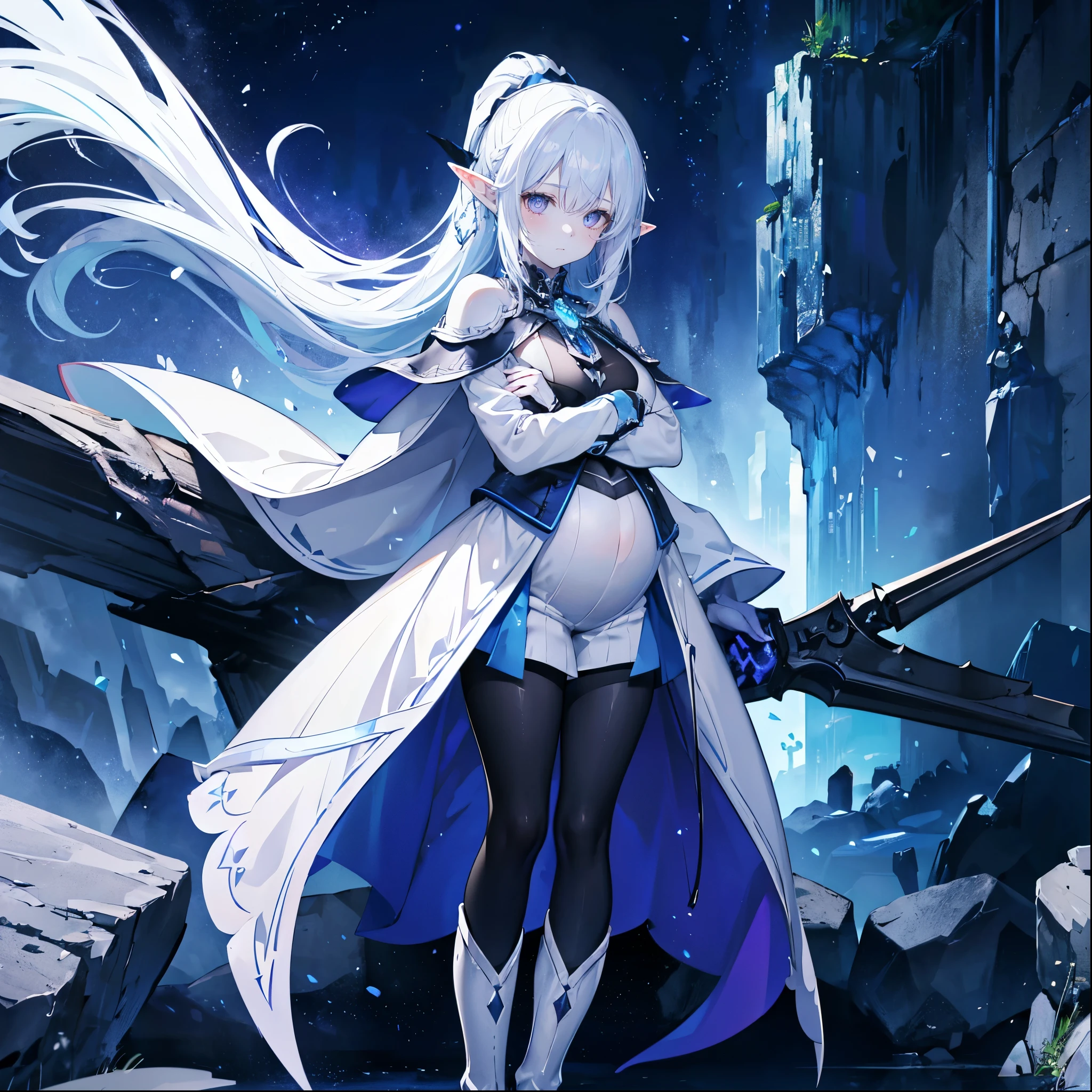 High Resolution, High Quality, High Detail, frozen cavern, night, 1girl, pale blue ponytail, violet eyes, elf ears, grey skin, white cloak, indigo vest, orange shorts, black leggings, armored boots, pregnant, blue fire floating nearby, arms crossed