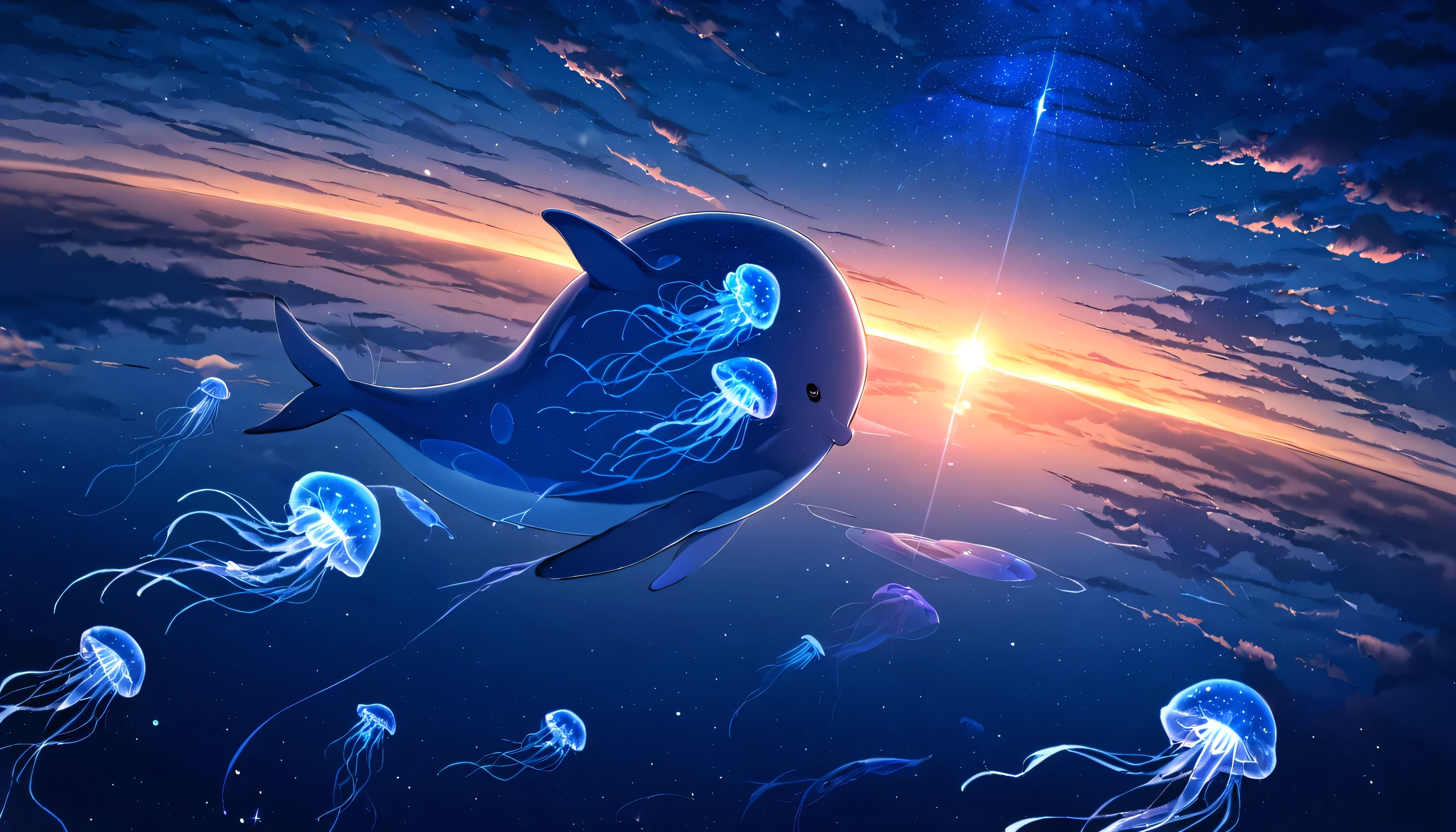 Starry, Starry light, night, colorful , cloud, Star \(Sky\), Sunset, lots of blue jellyfish in the sky , big dolphins floating in the Sky , beauty (Star (Sky)), Blue only
