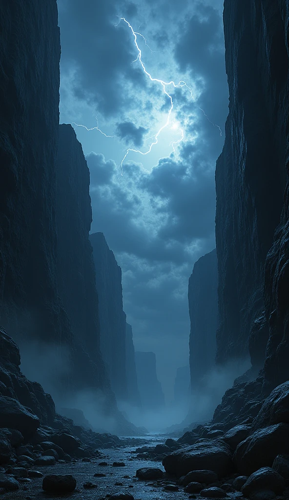 The sky seen from a deep and narrow canyon, bottom view from below, storm night