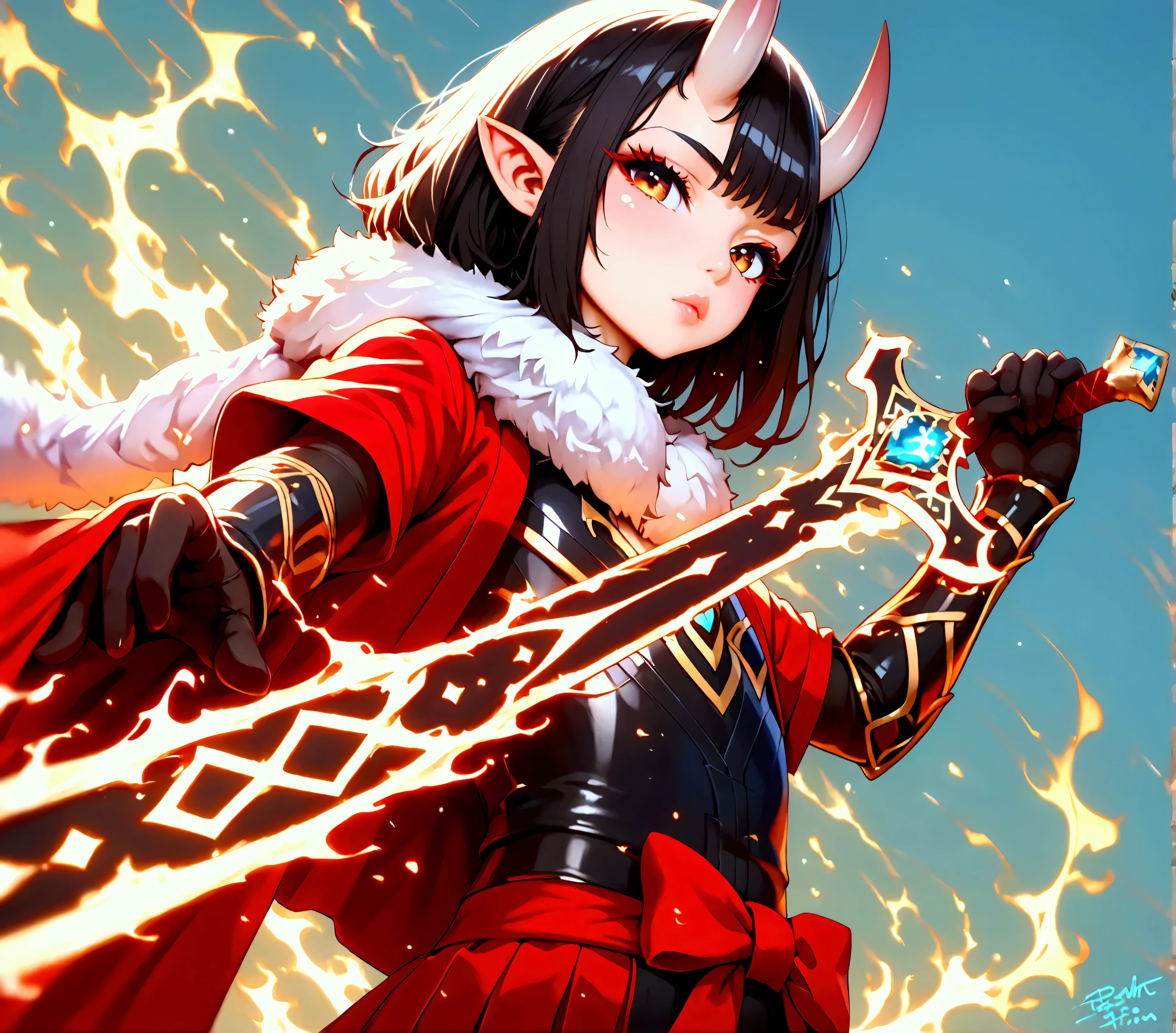 score_9, score_8_up, score_7_up, masterpiece, highest_quality, ultra_detailed, nsfw, absurdres, HDR, official_style, intricate_details, solo_boy_focus, boy is (japanese_shota_femboy, asra_kin, BREAK (hair_color_is_black, eyes_color_is_golden, pantyhose_color_is_white):1.5, BREAK (messy_hair, very_long_hair, forehead_bangs):1.5, (slant_eyes, close_set_thin_eyebrows, eye_liner), pointed_ears, oni_horns, thick_lips, flat_chest, thin_body, short_stature, male_bulge, (spider_pattern_clothes, spider_silk_clothes, kimono, bandaged_arms, hakama_microskirt, pantyhose, fur_scarf), dynamic_pose, acrobatic_pose, fighting_pose, hold_flaming_runesword, spider_silk, spider_thread):1.5, BREAK full_of_details, detailed_face, five_fingers, perfect_hands, perfect_fingers, dramatic_angle, dynamic_angle, dynamic_perspective, gray_background