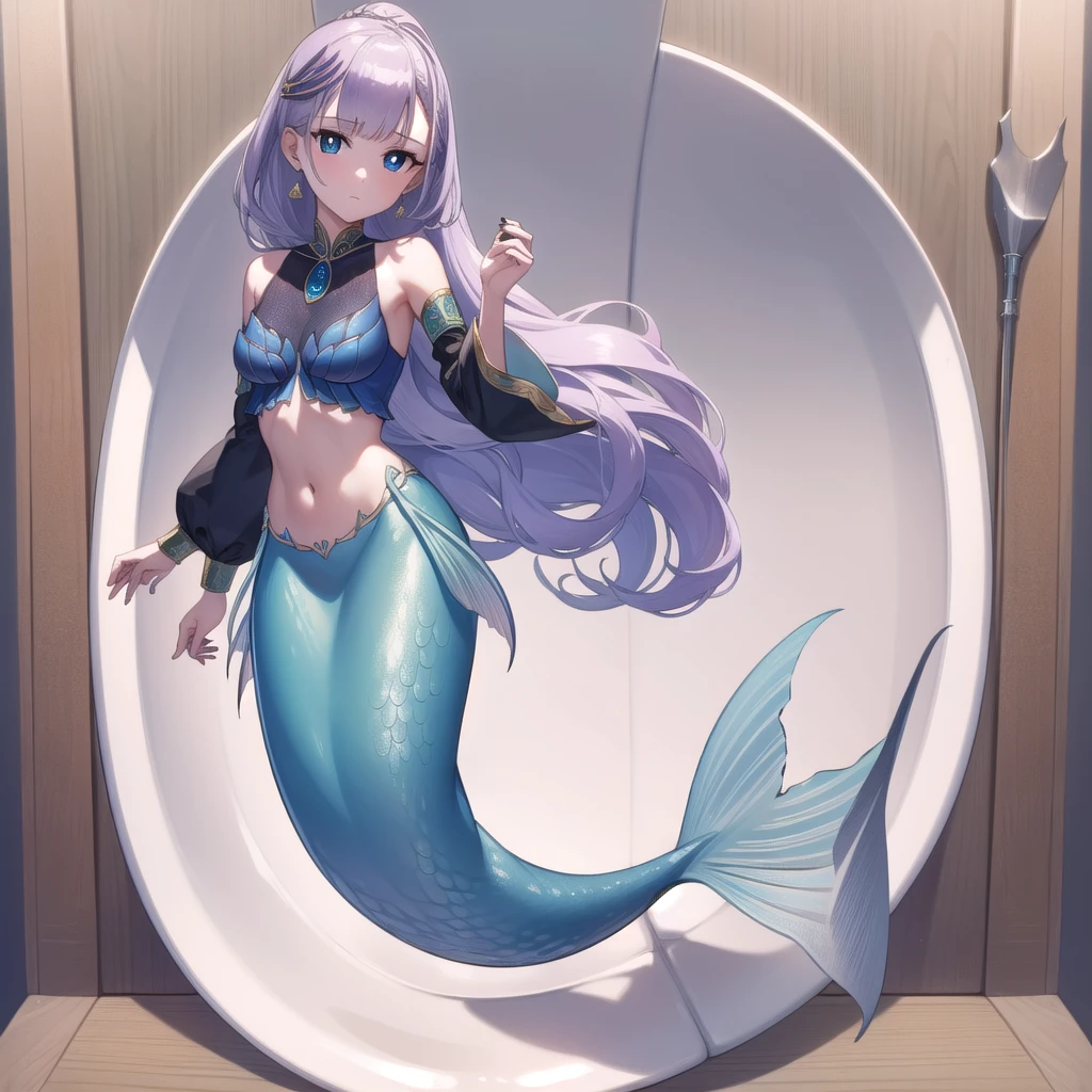 Mermaid, blue mermaid tail below waistline, reinepavolia, reine pavolia, blue eyes, braid, braided bangs, light purple hair, parted bangs, ponytail, single braid,
BREAK bangle, black nails, blue dress, bracelet, brooch, clothing cutout, detached sleeves, dress, earrings, feather hair ornament, feathers, jewelry, midriff, nail polish, navel, navel cutout, taut clothes,
BREAK looking at viewer,
BREAK indoors,
BREAK (masterpiece:1.2), best quality, high resolution, unity 8k wallpaper, (illustration:0.8), (beautiful detailed eyes:1.6), extremely detailed face, perfect lighting, extremely detailed CG, (perfect hands, perfect anatomy),