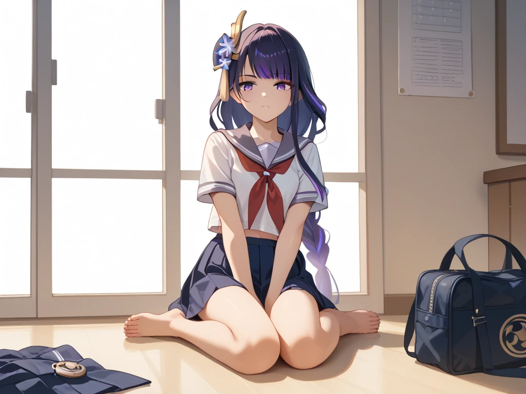 raiden_shogun_ckxl, long hair,streaked hair,two-tone hair,sidelocks,hair ornament,highres,low ponytail,sitting,Displeased face,barefoot
照れている
1girl , Alone, sitting,school uniform,sailor uniform,red tie,,dark blue skirt, summer sailor uniform,short sleeve,skirt is no pattern
barefoot
足の裏はやや少しピンク