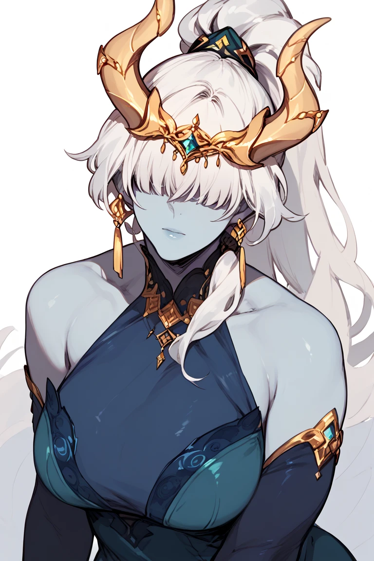 Mature Woman, blue skin, long hair, white hair, bangs, hair covering the eyes, golden horns,Ponytail,Hair jewelry, anime style,Aqua blue dress,