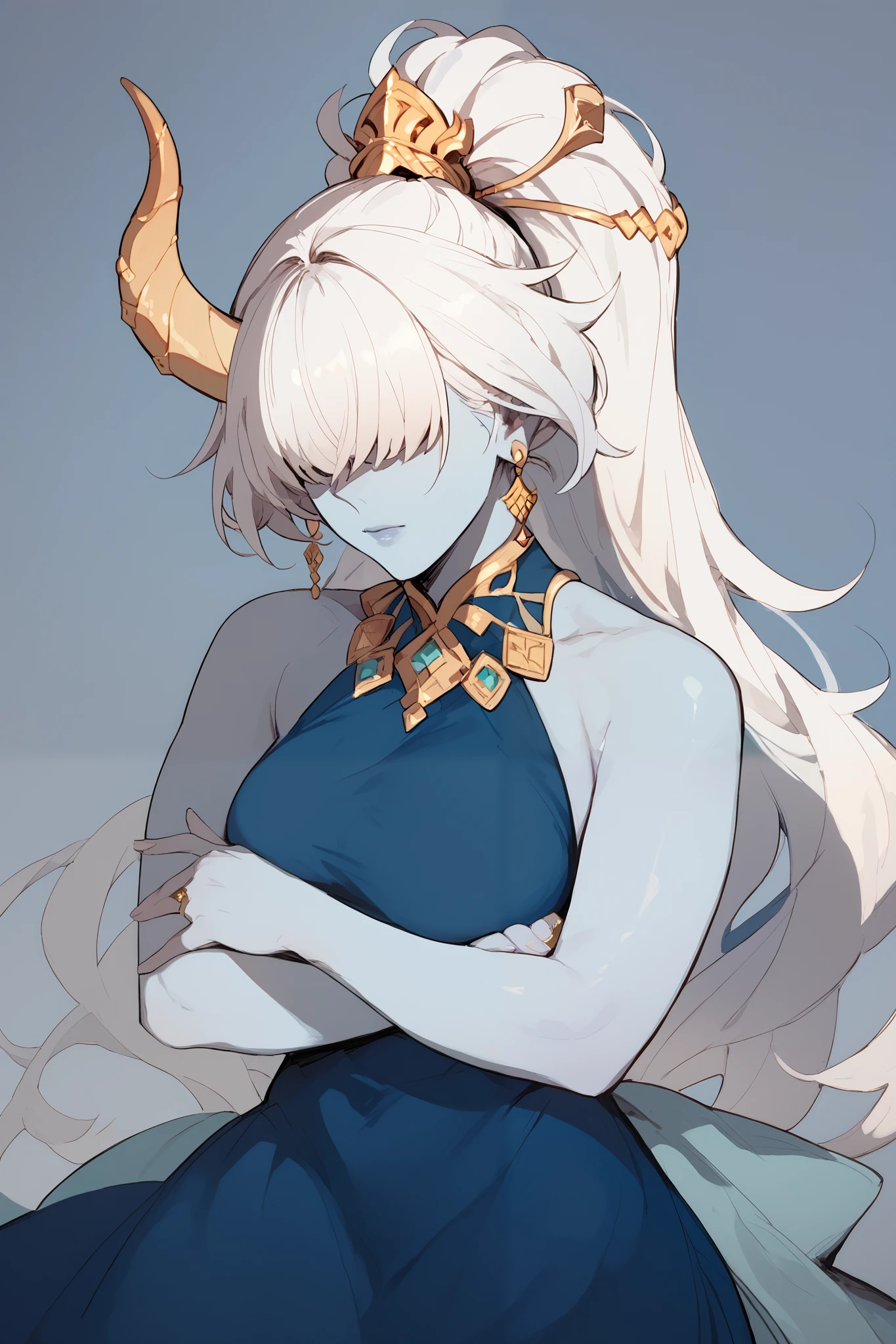 Mature Woman, blue skin, long hair, white hair, bangs, hair covering the eyes, golden horns,Ponytail,Hair jewelry, anime style,Aqua blue dress,