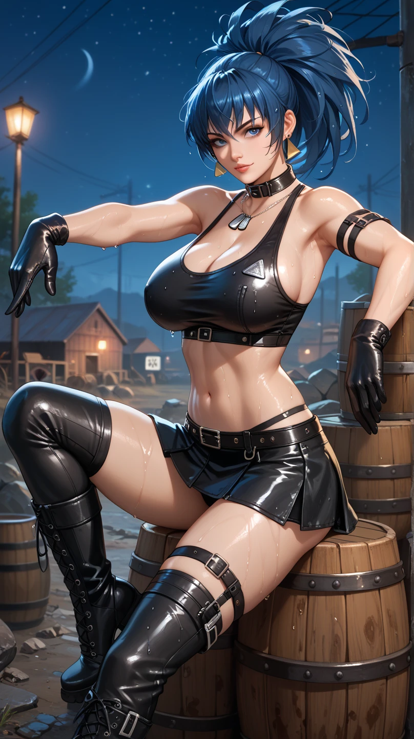 {masterpiece, distinct_image, extremely detailed CG, (extremely detailed fine touch:1.2), (heated iron_light, light rays, dappled light, ray tracing:1.2), beautiful eyes and detailed face,white ink splashing, photo realistic, 4k, 8k, high_resolution,(perfect_finge:2.0), (beautiful_detailed_eyes:1.3), glitter, red_light, (glow_red_face, front_light:1.3),{1girl, underboob_focus, looking for_in_viewer, cowboy_shot, dynamic angle, From Below, Angle showing the underboob, standing },{adult, (huge_breasts, wide_hip:1.3),thigh_gap, groin, narrow waist, skinny stomach, navel (black cropped tank top, leather welding gloves, retro goggles on top of head, cleavage, tight jeans, hammer:1.7),(tanned skin, dark skin, white_hair, black_eyes, short_hair, slanted_eyes, bangs, serious expression:1.4), smith's workshop background}