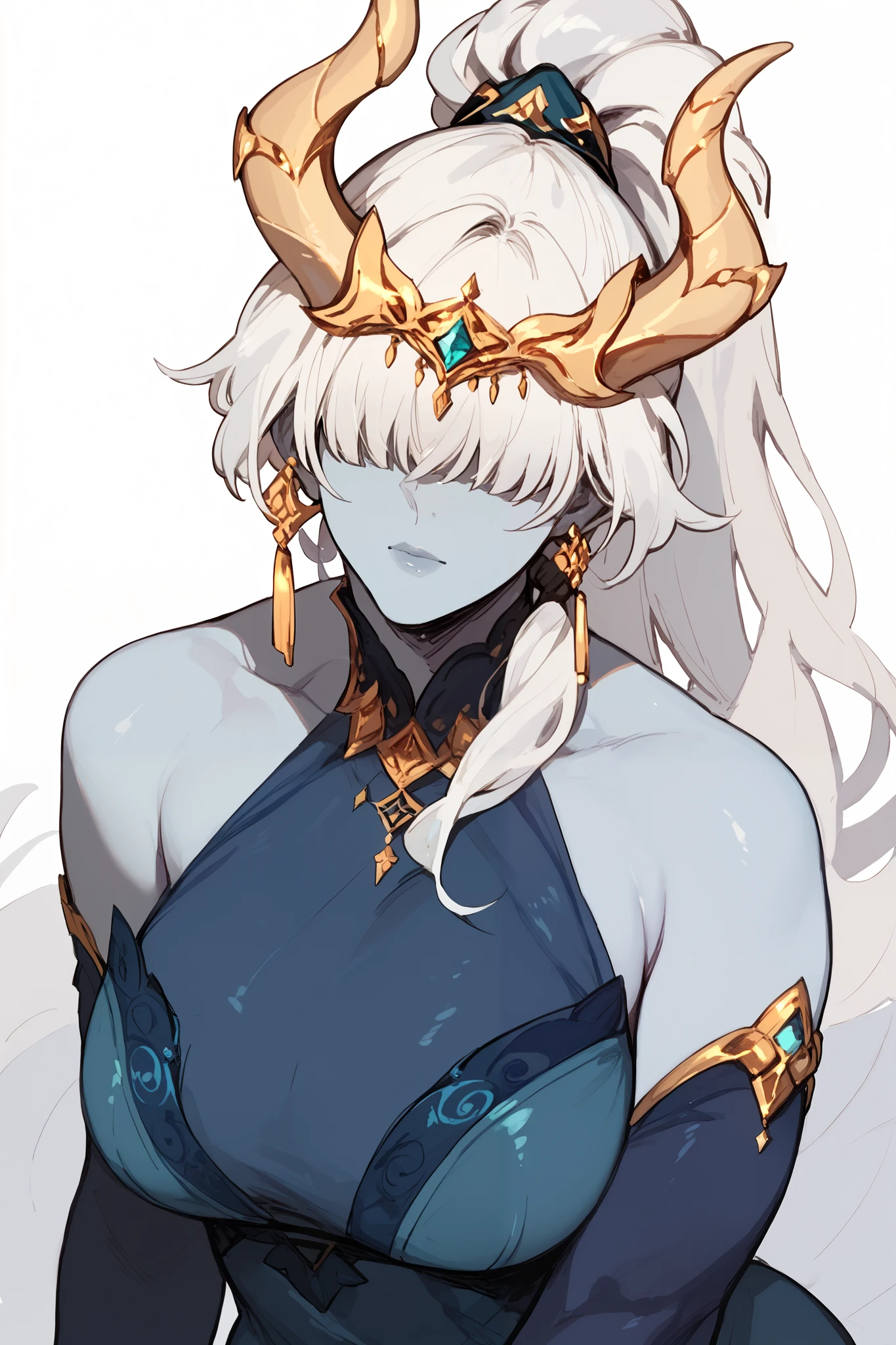 Mature Woman, blue skin, long hair, white hair, bangs, hair covering the eyes, golden horns,Ponytail,Hair jewelry, anime style,Aqua blue dress,
