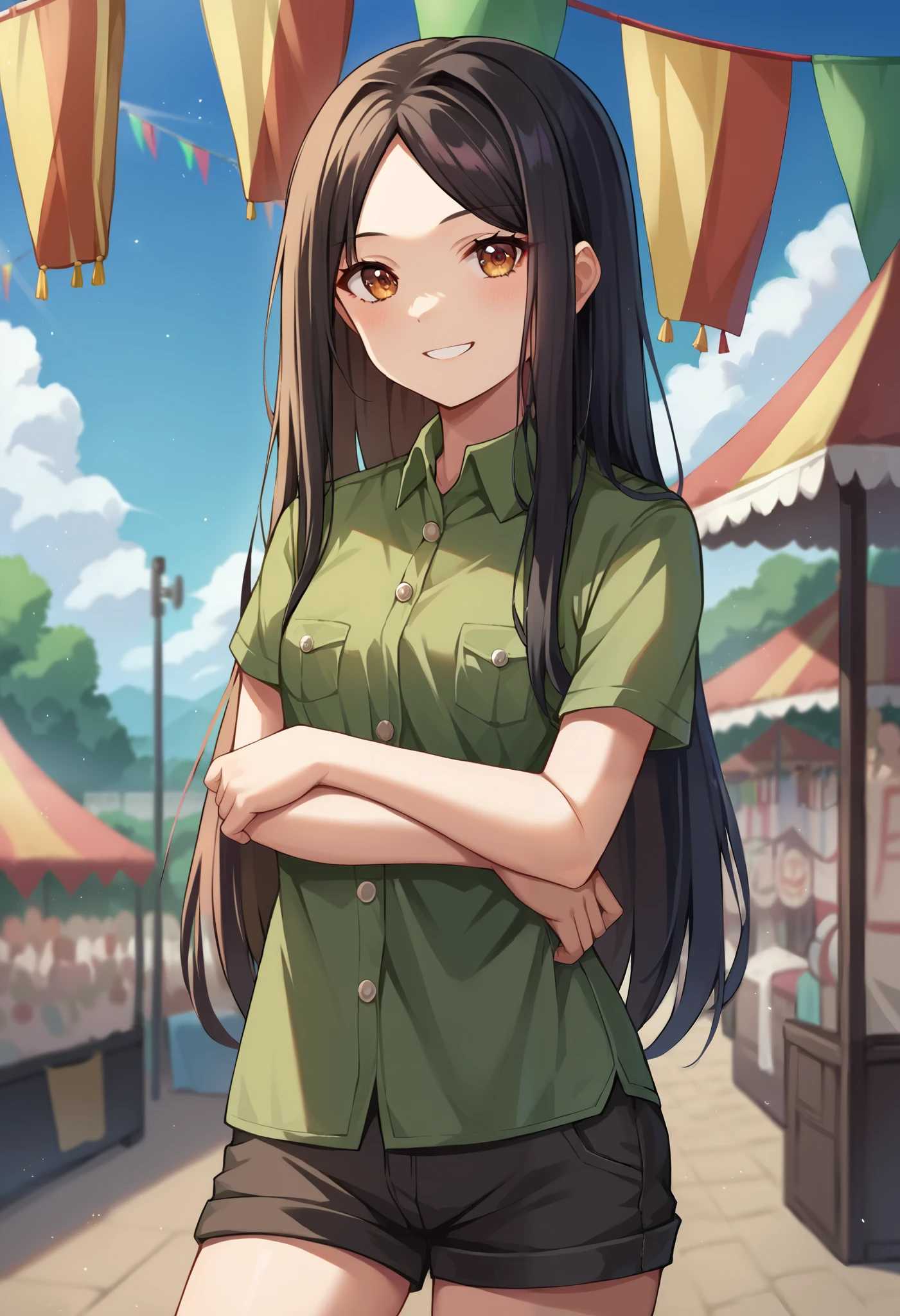 score_9, score_6_up, source_anime, uncensored, cowboy shot, BREAK
1girl, solo, age, medium girl, black hair, long hair, parted bangs, brown eyes, small breasts,
(green polo shirt, black cargo shorts),
looking at viewer, smile, arm under breasts, standing, BREAK
outdoors, carnival, noon