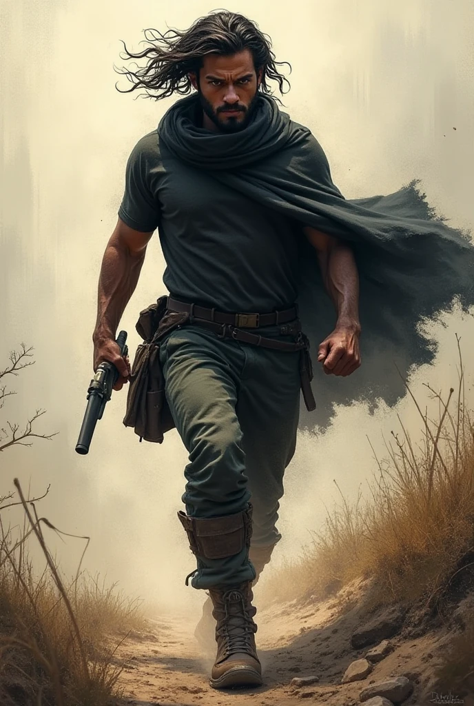 (Best quality,high resolution,Male,mature,Handsome,musculature,Short hair,Black hair like spring,battle garment,firearm,Magazine clippings,Wasteland,Revelation, parka, scorched earth, smoky breeze, Cloak, Sand, an overgrown, abandoned city, Giant plants, ruins, show small dick, holding his dick,
