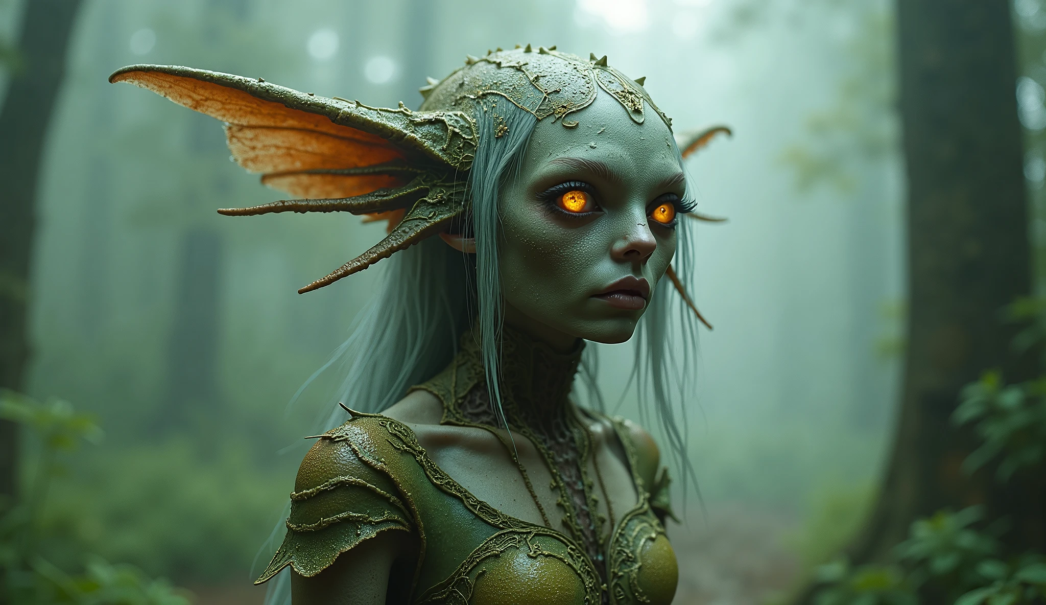 A green woman with orange eyes looking down in sadness ,wearing a witch queen crown,with body half in water in a swamp lake, a strange looking woman body with tree roots in a dark swamp,
Body with green reptilian appearance, elf ears,
(Fotorrealisitic), (High 4K resolution, 8k) High Definition Painting, (sharp focus, realisitic),