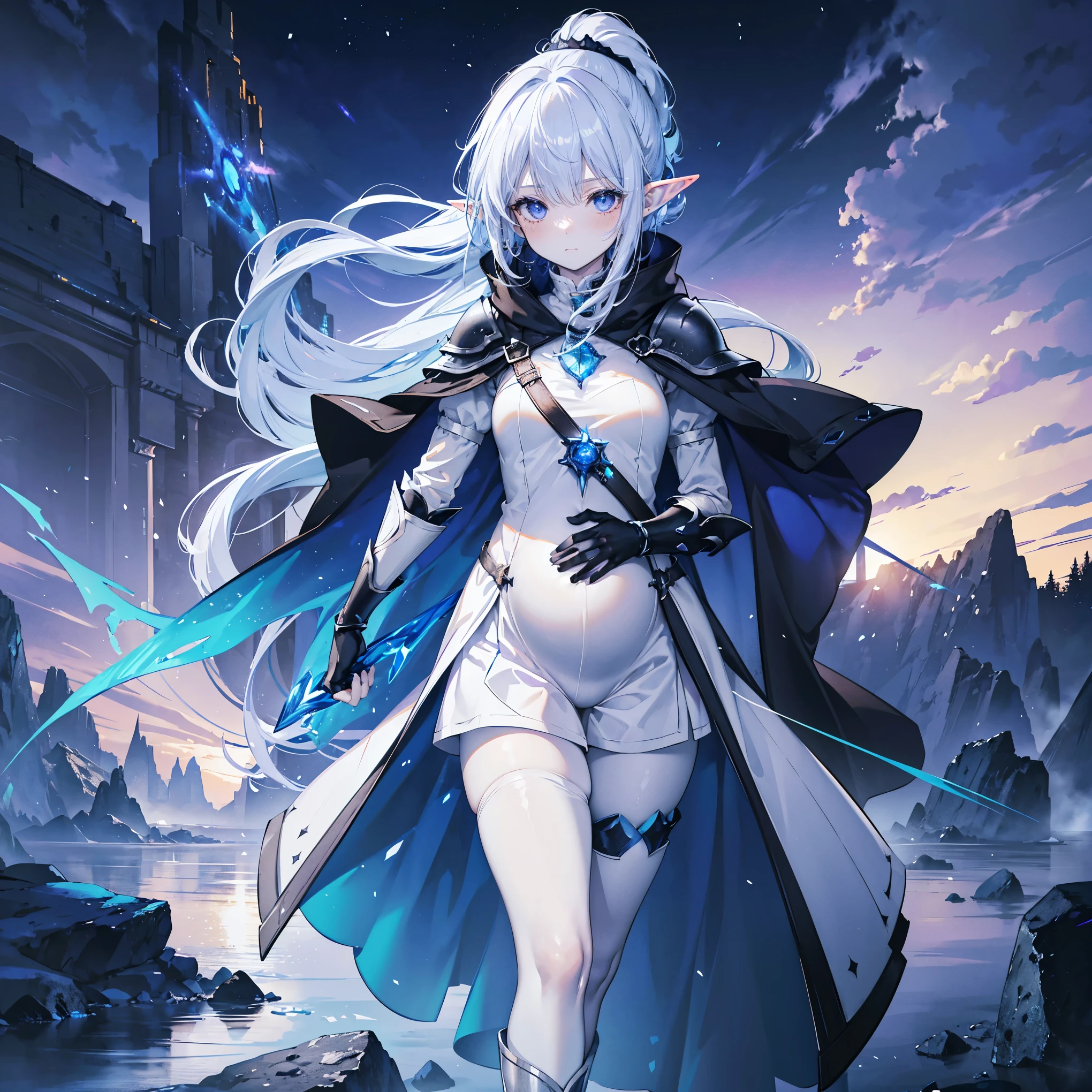 High Resolution, High Quality, High Detail, frozen cavern, night, 1girl, pale blue ponytail, violet eyes, elf ears, grey skin, white cloak, indigo vest, orange shorts, black leggings, armored boots, pregnant, blue fire floating nearby, arms crossed