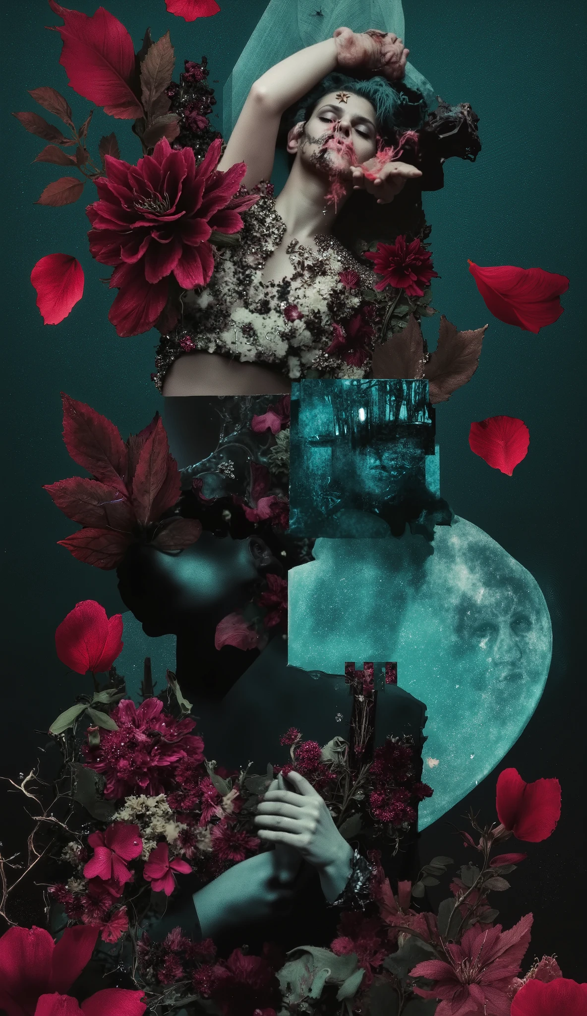 1women, eye pouring silver tears, sad face expression, defending 1men, dark background decorated with red rose petals, big realistic human heart
