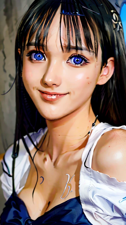 RAW photo, face portrait photo of beautiful young female with long sleek black hair with bangs ((flat bangs)), blue eyes, 18ish girl, beautiful face, wearing black dress, smile face, closed mouth, not looking at viewer, hard shadows, cinematic shot, dramatic lighting.(Ultra Realistic), (Illustration), (Increased Resolution), (8K), (Extremely Detailed), (Best Illustration), (Beautiful and Detailed Eyes), (Best Quality), (Ultra Detailed), (Masterpiece ), ( wallpaper), (detailed face), solo, 1 girl, mature, age 25,looking at viewer, fine details, detailed face, in the dark, deep shadows, low key, pureerosfaceace_v1, smiling, long hair, black and white, shawl straight hair , 46 points oblique bangs, masterpiece, best quality, 35mm, 8k, absurdres, beautiful girl, (upper body, dark grey background:1.4), (black classical dress, black hair:1.6), slender, dark studio, rim lighting, ultra realistic, highres, photography, film grain, chromatic aberration, depth of field, sharp focus, HDR, facelight, dynamic lighting, cinematic lighting, professional shadow, dark shadow, highest detailed, extreme detailed, ultra detailed, finely detail, real skin, delicate facial features, detailed face and eyes, sharp pupils, realistic pupils, long black hair with bangs, black hair top, white hair undercolor, Split Hair Two Tone , Split Hair Two Tone black and white color hair,black hair, white hair, mix hair color,green eyes, white hair  emerald eyes. white hair, platinum hair color, blue eye, Big Breasts.