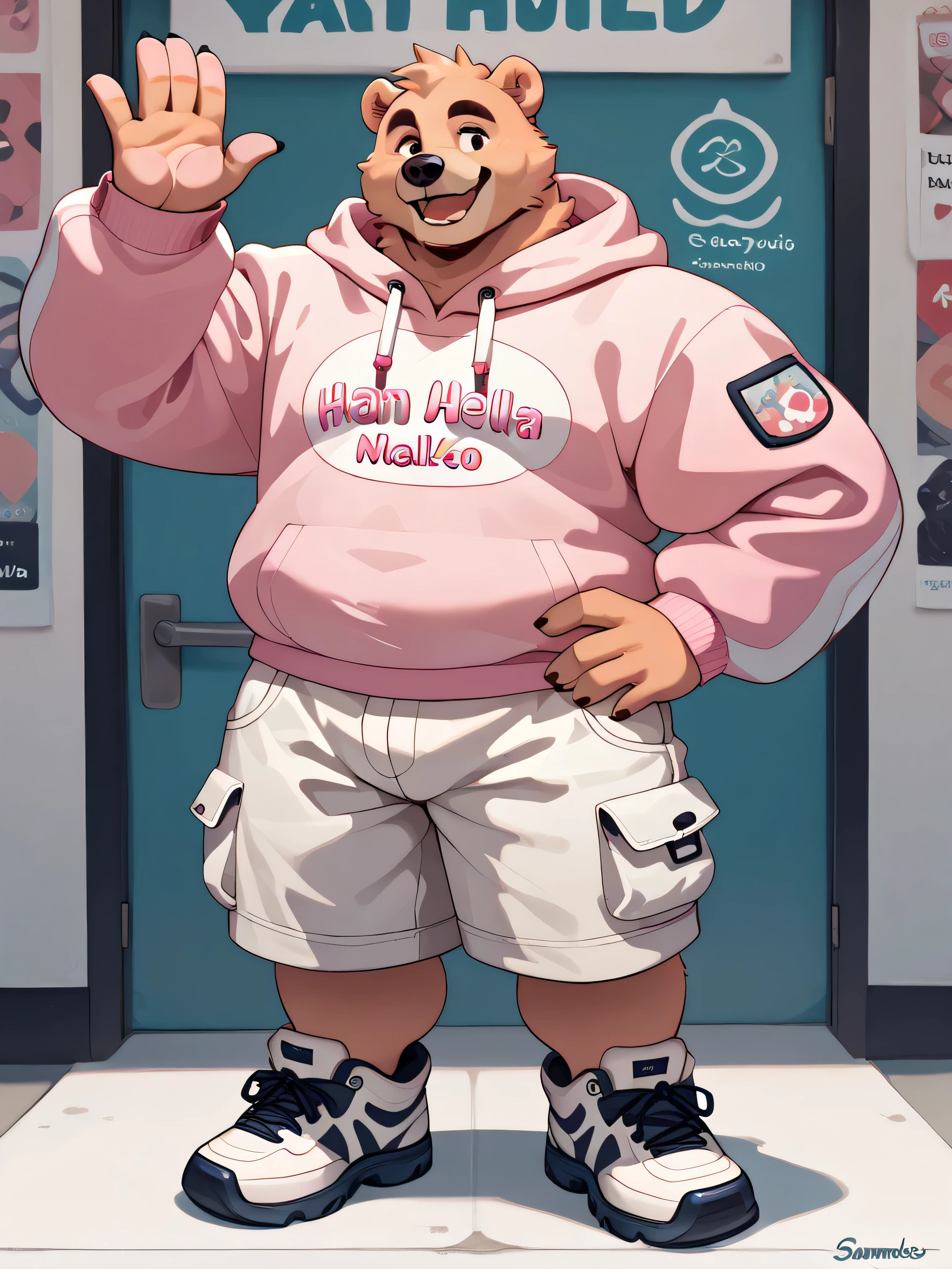 fat chubby male bear, wearing a pink hoodie and white cargo shorts, smiling bashfully, left hand waving hello and right hand on hip, full body frame.