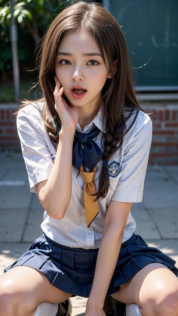 Highly detailed 8K wallpapers），tack sharp focus，A detailed，Delicate and beautiful little li，Blue school uniform slip skirt，irate，Open-mouthed，bright schoolhouse，Show your whole body，White stockings，of a guy，Forced oral