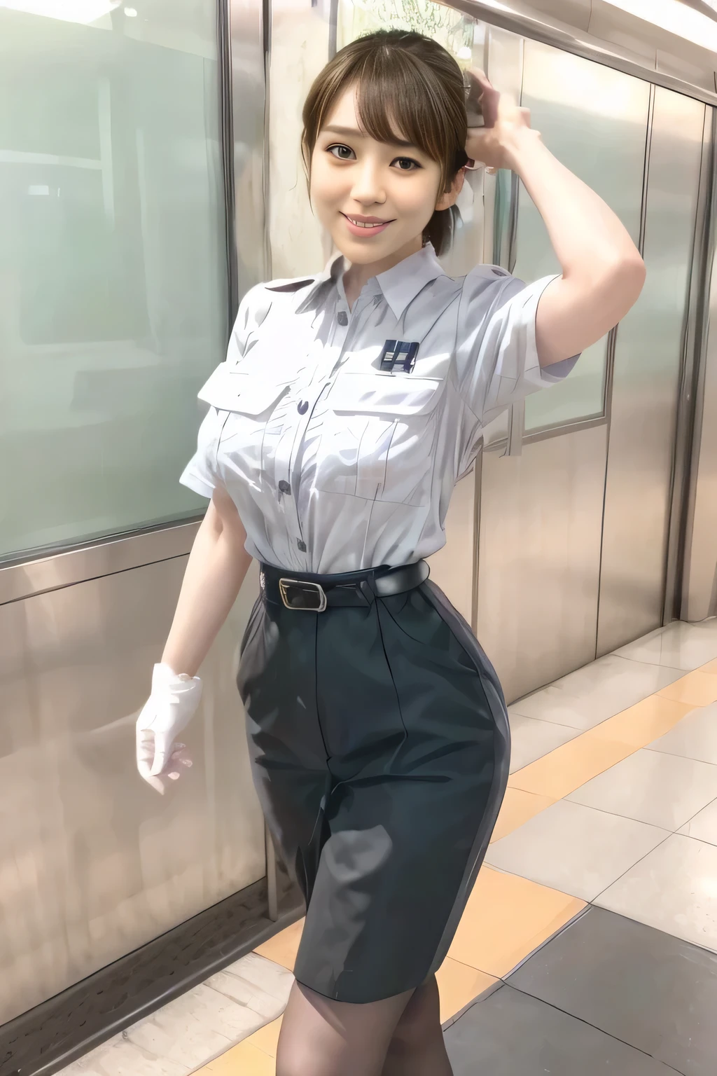 (Masterpiece:1.2, best quality :1.2), 32kHDR, high resolution, (Alone、 1 girl)、(Rooftop of a building during the day、 professional lighting)、Building rooftop background、( Tokyo Subway Woman Crew Uniform Real Style Woman 6)、(TOKYO SUBWAY WOMAN CREW UNIFORM BLOUSE SHORT SLEEVE 、 above knee culotte skirt、Waist belt)、 black pantyhose holding a puppy、 dark brown hair 、( hair gathered、 hair bang)、 dark brown hair 、Long Hit、 big breast、Thin legs、(( amazing hands:2.0)),((harmonious body proportions:1.5)),((Normal limbs:2.0)),((Usually refers to:2.0)),(( Delicate Eyes:2.0)),((Normal eyes:2.0)))、(Beautiful standing figure showing the Tokyo Subway Woman Crew Uniform) 、Hands crossed underneath 、Shy smile