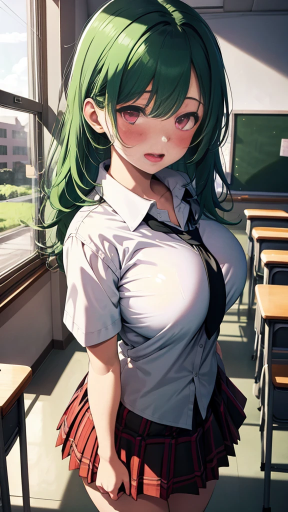1girl, t-shirt, skirt, cum, facial, bukkake, cum on body, cum on hair, cum on clothes,, masterpiece, best quality, highly detailed, sweat, blush, ahegao, hair behind ear, light green hair, green hair, black hair, green and black gradient hair, short hair, straight hair, bangs, green eyes, smile, (small breasts:0.7), white collared shirt, white shirt, buttoned shirt, green tie, black skirt, short skirt, thigh highs, classroom