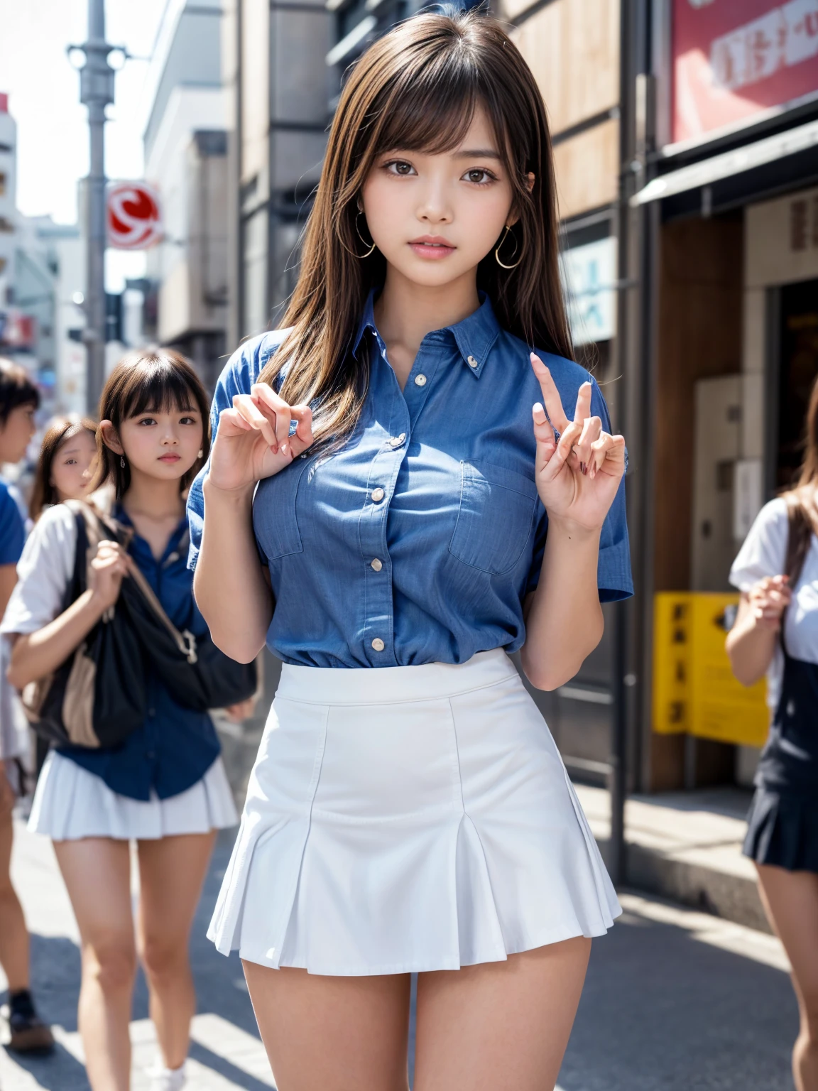 RAW photo, 8k wallpaper, Highest quality, extreme detailed, masterpiece, Realistic, photo Realistic, ((sharp focus:1.5)), 1 Japanese cute girl, 20-year-old, ((face focus)), large breasts, (((Roll up the skirt yourself))), (Lifted it himself), panties, panties focus, blush, Lips parted, looking at viewer, Half Body Shot, (crowd), (crowded city), long straight black hair, gentle smile,