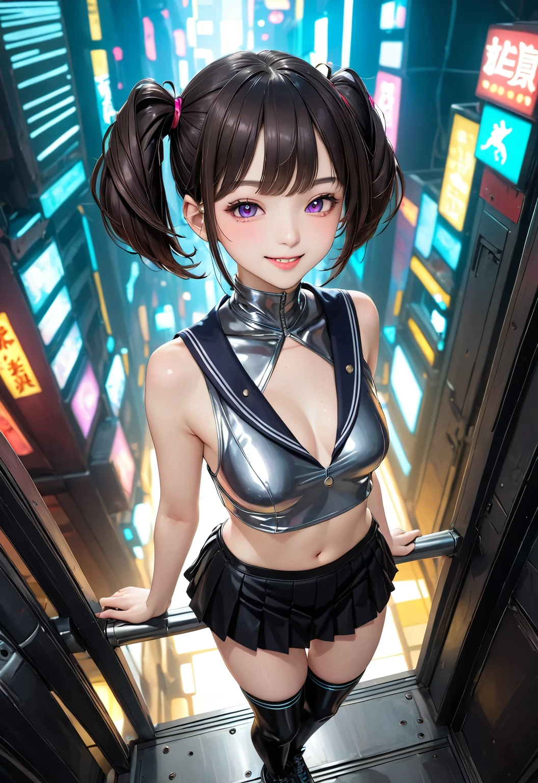 (((Sexy dancer))), ((Sexy and cute futuristic costume)), (((skirt))), (skindentation), skinny, solo, (1 sexy woman), Masterpiece, highest quality, highest quality, 16K, incredibly absurd, highly detailed, 2.5D, ai-generated, delicate and dynamic, very delicate facial expressions, delicate eye depiction, erotic, only sexy woman, ((A cute and kind face)), healthy figure, ((25-year-old woman)), 160cm tall, medium firm swaying bust, blush, Sweat,Embarrassed,sexy, ((thin thighs)), ((shiny and lustrous)), facing straight at viewer, smile, Future City, daytime, bright, dutch angle, sexy, (Metallic shiny costume:0.3), (camel toe:0.5), (visible nipples:0.8), (erect nipples:0.5), sexy pose,