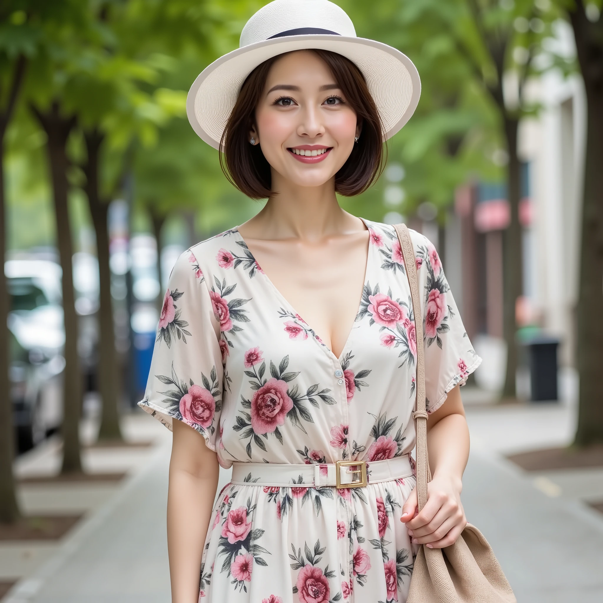 (hair, super high resolution , best quality , Masterpiece: 1.2), ( realistic, photo realistic: 1.37), very detailed, 1 pretty woman, (Slim face), (The body is スリム), (茶hair), ( shortcut ), slightly red cheeks , (44 years old), 38 years old, Alone, v-neck floral dress、 wide-brimmed white hat 、 street trees on a stone sidewalk 、 Carrying a bag , actress, model,whole body , Happy smile, (smile: 1.15), beautiful eyes, , knight , , actress, model, whole bodyショット, , Happy smile, looking at camera