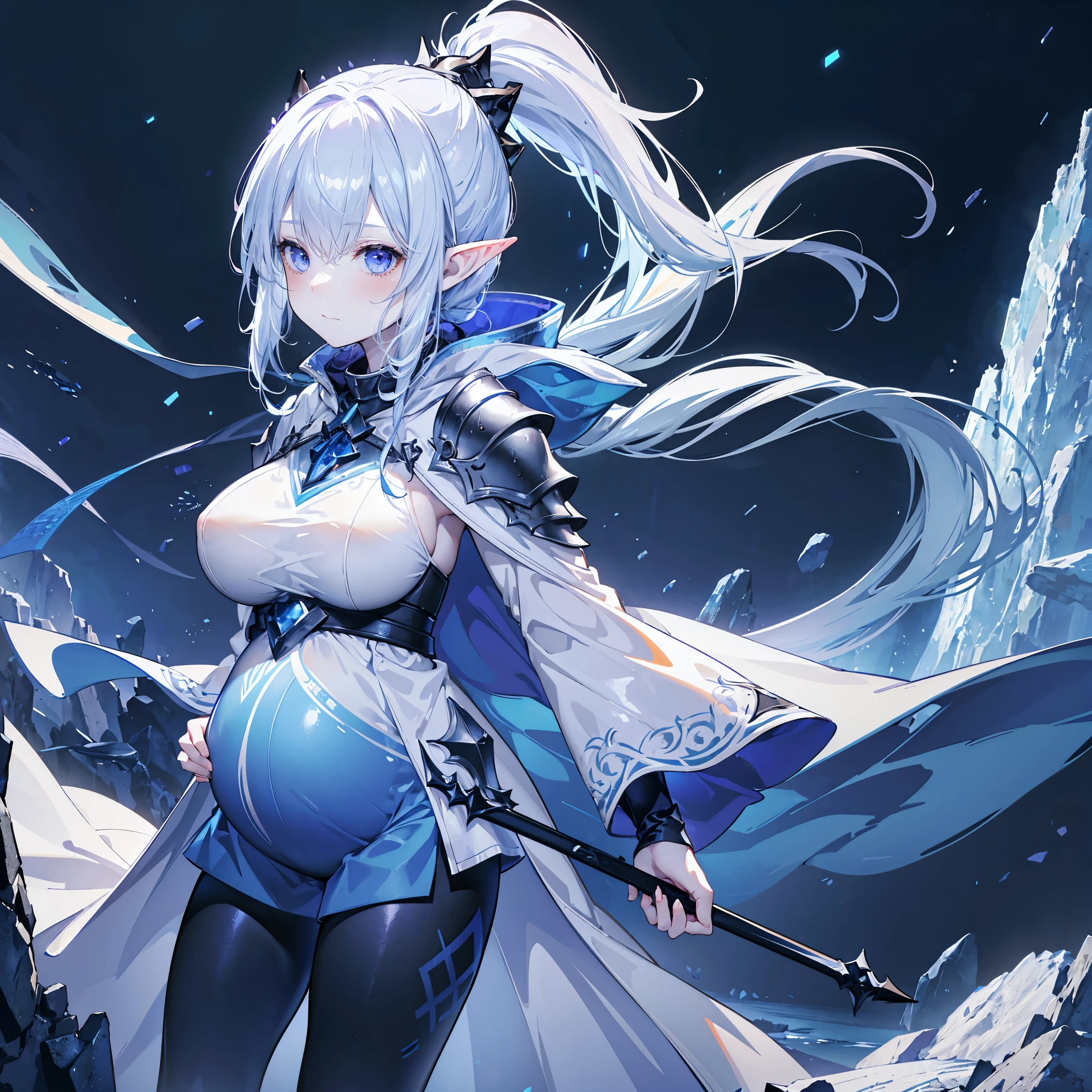 High Resolution, High Quality, High Detail, frozen cavern, night, 1girl, pale blue ponytail, violet eyes, elf ears, grey skin, white cloak, indigo vest, orange shorts, black leggings, armored boots, pregnant, blue fire floating nearby, arms crossed