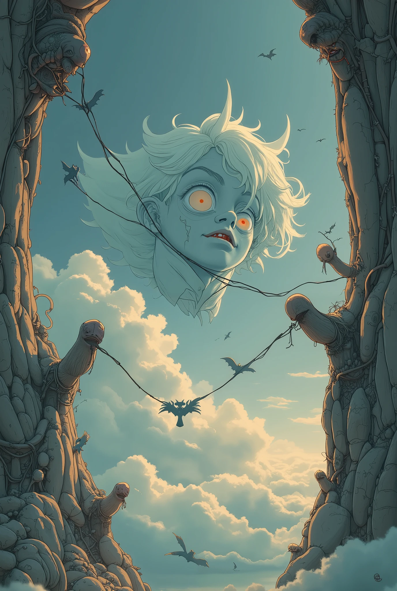 from below, The beautiful, clear sky suddenly cracks (like a mirror or glass cracks) and a devil with an evil grin peeks out from the gap. ultra detailed, absolutely resolution, masterpiece