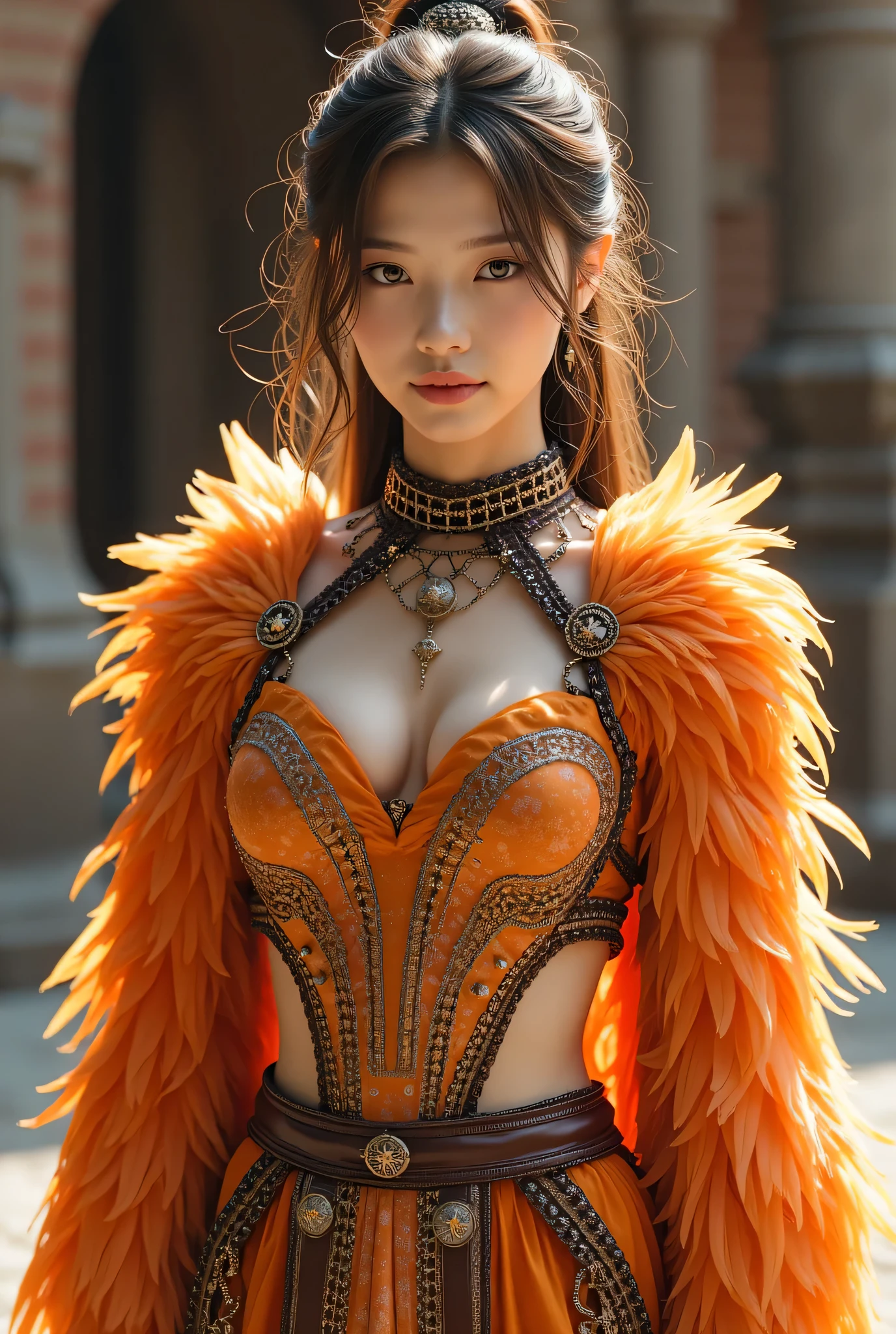 (8k, top quality, Masterpiece), ( realistic , photo realistic : 1.37), very detailed , one girl , {Feather Armor 、 Phoenix Knight} Wear an upturned bust top 、 Very large bust、 model body type、Very delicate depiction 、 realistic 要素と幻想的要素を組み合わせた複雑な模様の鎖帷子と着物を融合した鎧 , with an intricate pattern chain , Braided Chain 、World of Reality and Illusion ( Swirling Fire Cloak :1)、 stare at the camera 、 Inside a Medieval Castle、Cute double teeth