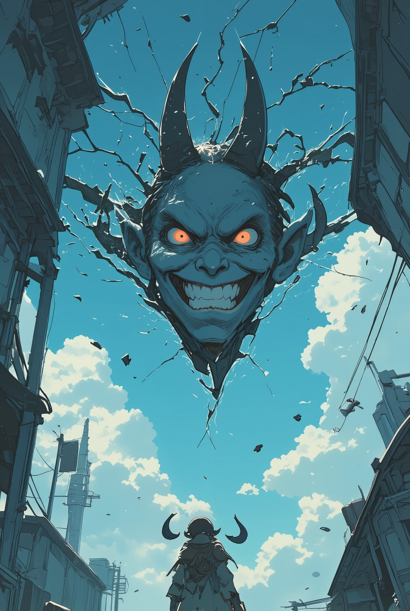from below, The beautiful, clear sky suddenly cracks (like a mirror or glass cracks) and a devil with an evil grin peeks out from the gap. ultra detailed, absolutely resolution, masterpiece
