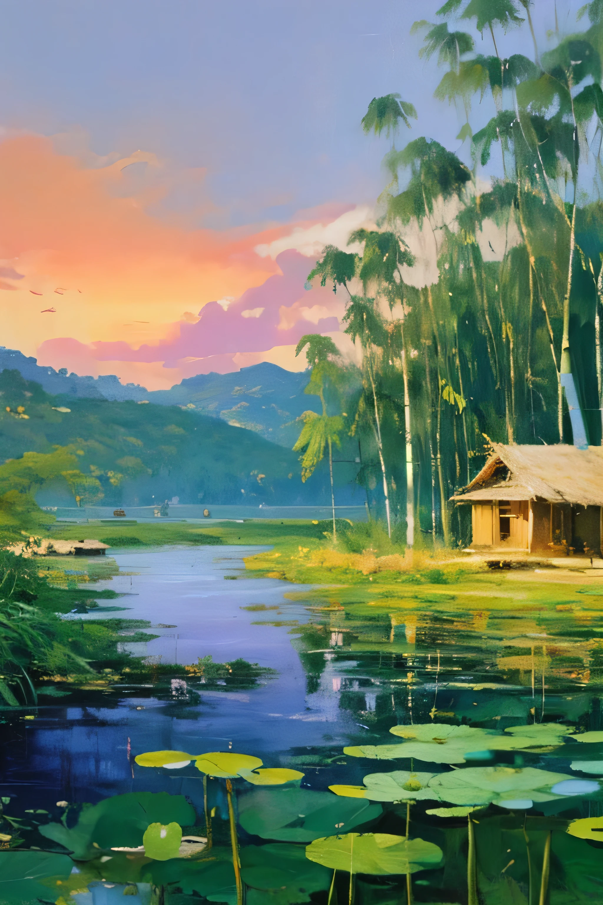 A painting of super simple 1-storey house, straw house, far away ricefield landscape, bamboo tree, coconut tree, lotus flowers and lotus leafs in the water, by yimeng, Wu Guanzhong's style, village, Vibrant gouache landscapes, author:Ni Duan, by Cui Bei, author:Bohumil Kubista, by Ni Yuanlu, by Wu Guanzhong, Inspired by Sun Kehong, Detailed painting in gouache,reduce housing
