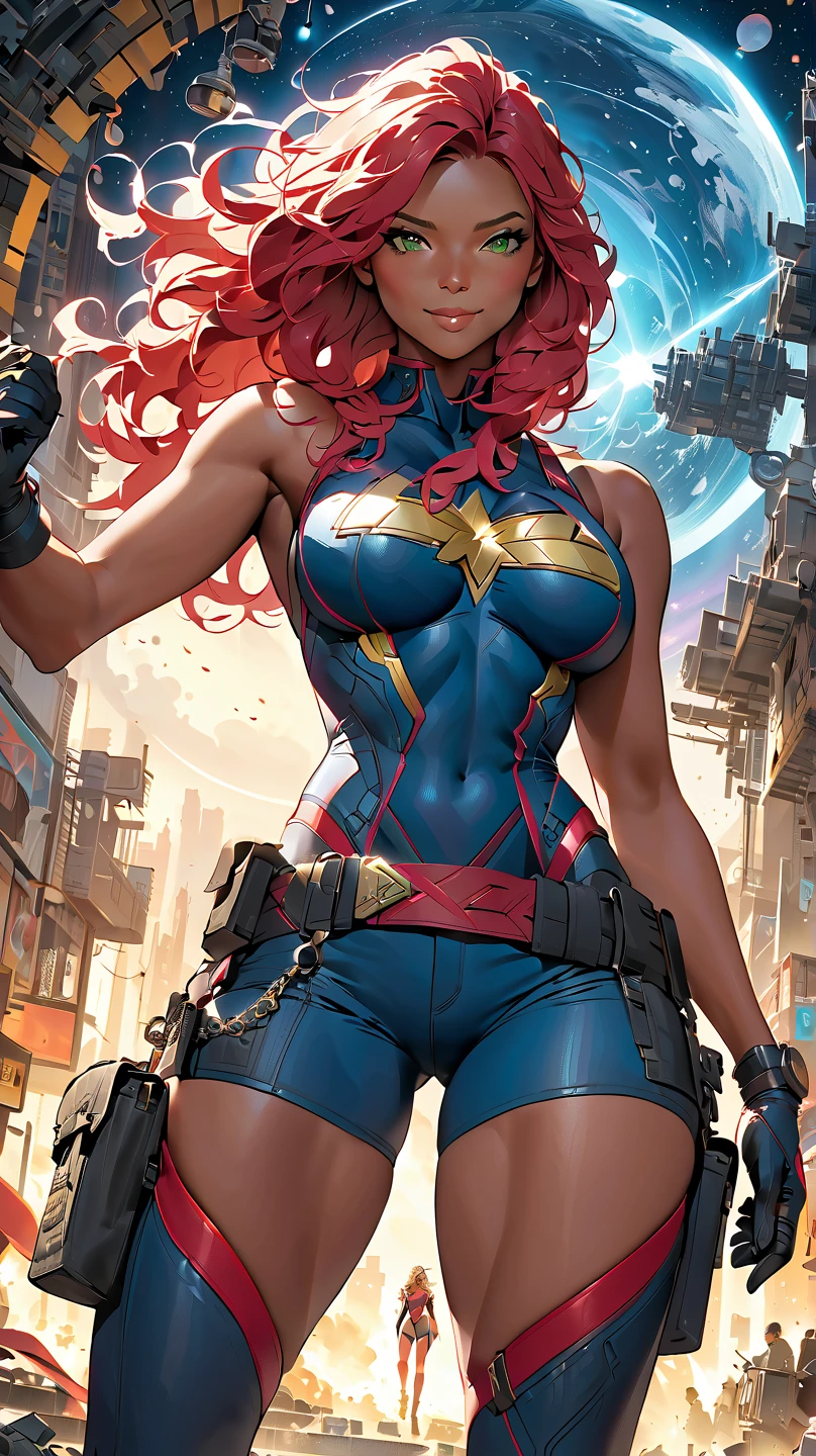8k_wallpaper, extremely detailed eyes, extremely detailed body, (large masterpiece digital art), (detailed manga illustration), (detailed line art), ((perfect anatomy)), (intricate details:1.3), (ultra-detailed:1.3), (illustration:1.3), (sharp focus:1.3), (natural lighting:1.05), (vivid colors:1.3), (masterpiece), (best quality:1.4), (perfect anatomy:1.4), high quality, expressive eyes, full body, detailed face, beautiful face, perfect face, 1 girl, breasts, cleavage, gloves, huge breasts, cyberpunk clothes, jacket, black jacket, very long hair, thigh length hair, ({dark skin}), dark-skinned female ,detailed ((red hair)), messy hair, green eyes, hourglass physique, bodysuit, ultramarine bodysuit, sleeveless, shorts, thick thighs, toned, captain marvel emblem, emblem, superhero, dynamic lighting. dynamic heroic pose, smiling, outer space background, curvy,