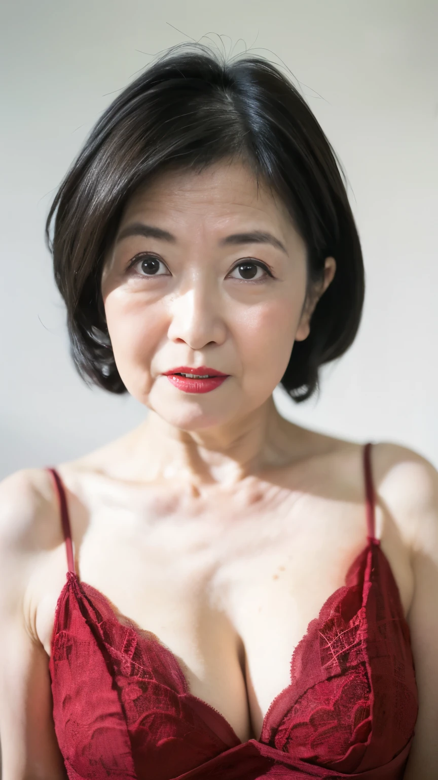 (((raw photo:1.5))), ((( depth of field:1.5))), ((( The Greatest Masterpiece))), (((16k:1.5))), ((( best quality :1.5))), Deep Focus , ((( high resolution:1.5))), (((ID photo composition:1.5))), (((Uchihara Michiko :1.5))), ((( is in focus on the face:1.5))), (((Clear contours))), Professionally filmed, ((( late elderly :1.5))), No discomfort, (( Accurate Description )), (((Lewd facial expression:1.5))), ((( lingerie:1.5))), ((( sexyなブラジャーを着ている:1.5))), (((Alone))), wife:1.2, Aunt:1.2, Chinoiserie , Older Mature Woman, red background , gravure, (((An expression full of anticipation:1.5))), (( Center of screen)), beautiful faces, (((Bright red lips:1.5))), Properly drawn lips, red lips, flashy makeup , From the chest up, Masterpiece, best quality , More details, photorealistic, More details細なスキン, COMPLETE ANATOMY, ( The Greatest Masterpiece:1.6), ( positive), 280 year old , huge breasts, Draw the upper body:1.3, mature pornstar, Charming, sexy, Chromo white skin, Stare straight at me ,