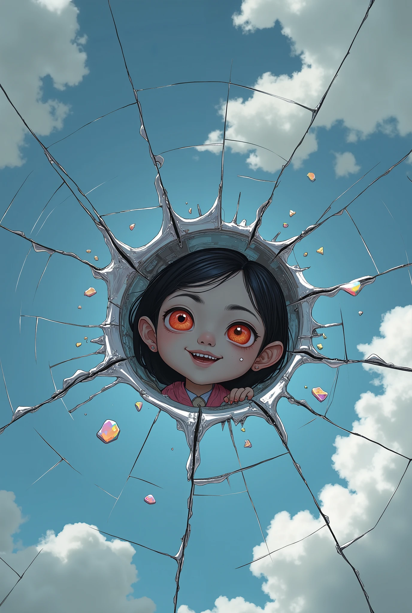 from below, The beautiful, clear sky suddenly cracks (like a mirror or glass cracks) and a cute devil with an evil grin peeks out from the gap. shattered pieces of the sky, iridescent cracks various effects, professional and perfect composition, extremely delicate depiction, extremely clear image, bold and dynamic, contrasts of light and shadow, 2.5D, artistic photography, hyper realistic, ultra detailed, absolutely resolution, masterpiece