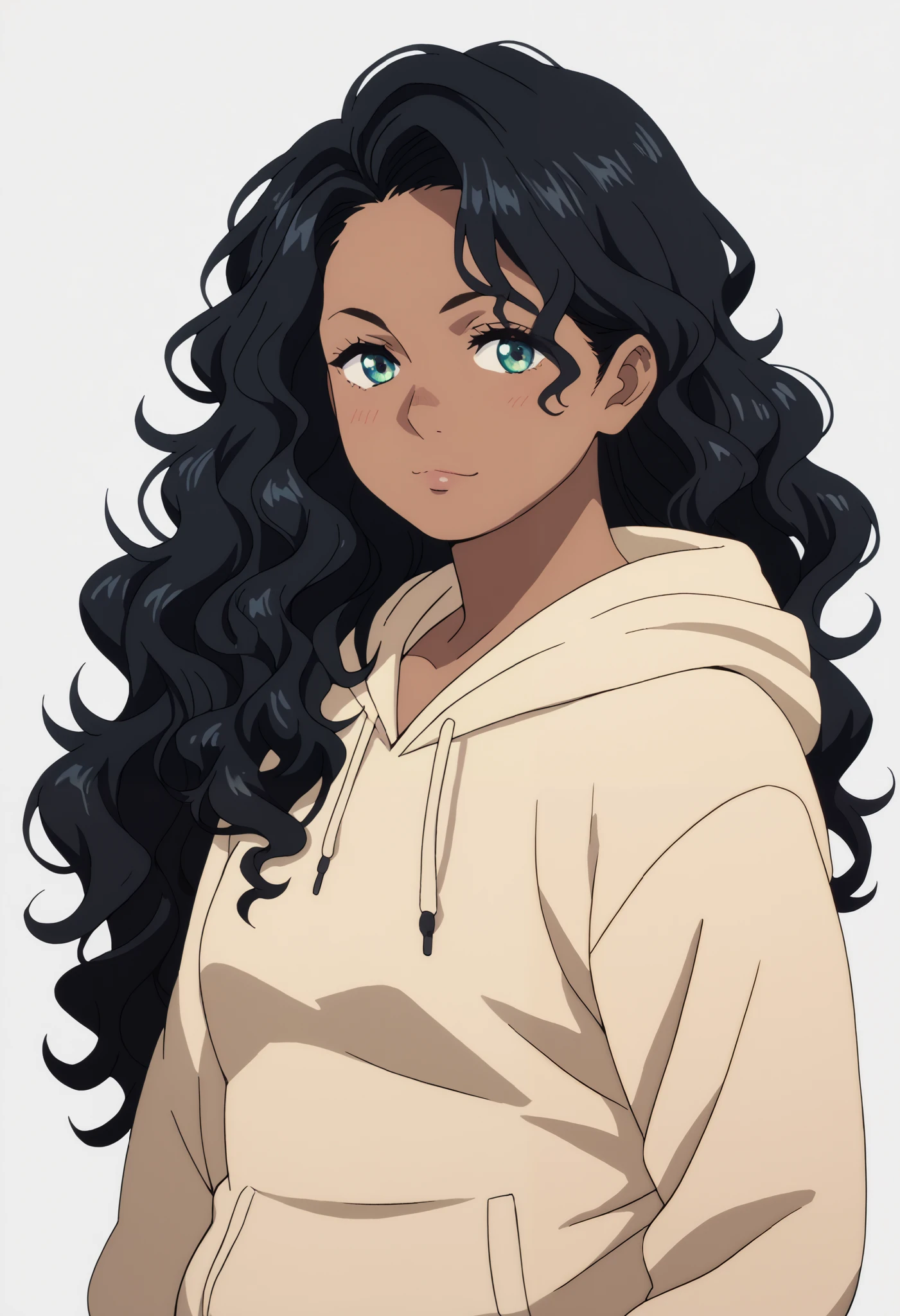 solo, anime, 1girl, tan skin, chubby, hoodie, black hair, long hair, wavy hair, gently face, pastel color, dark clothes