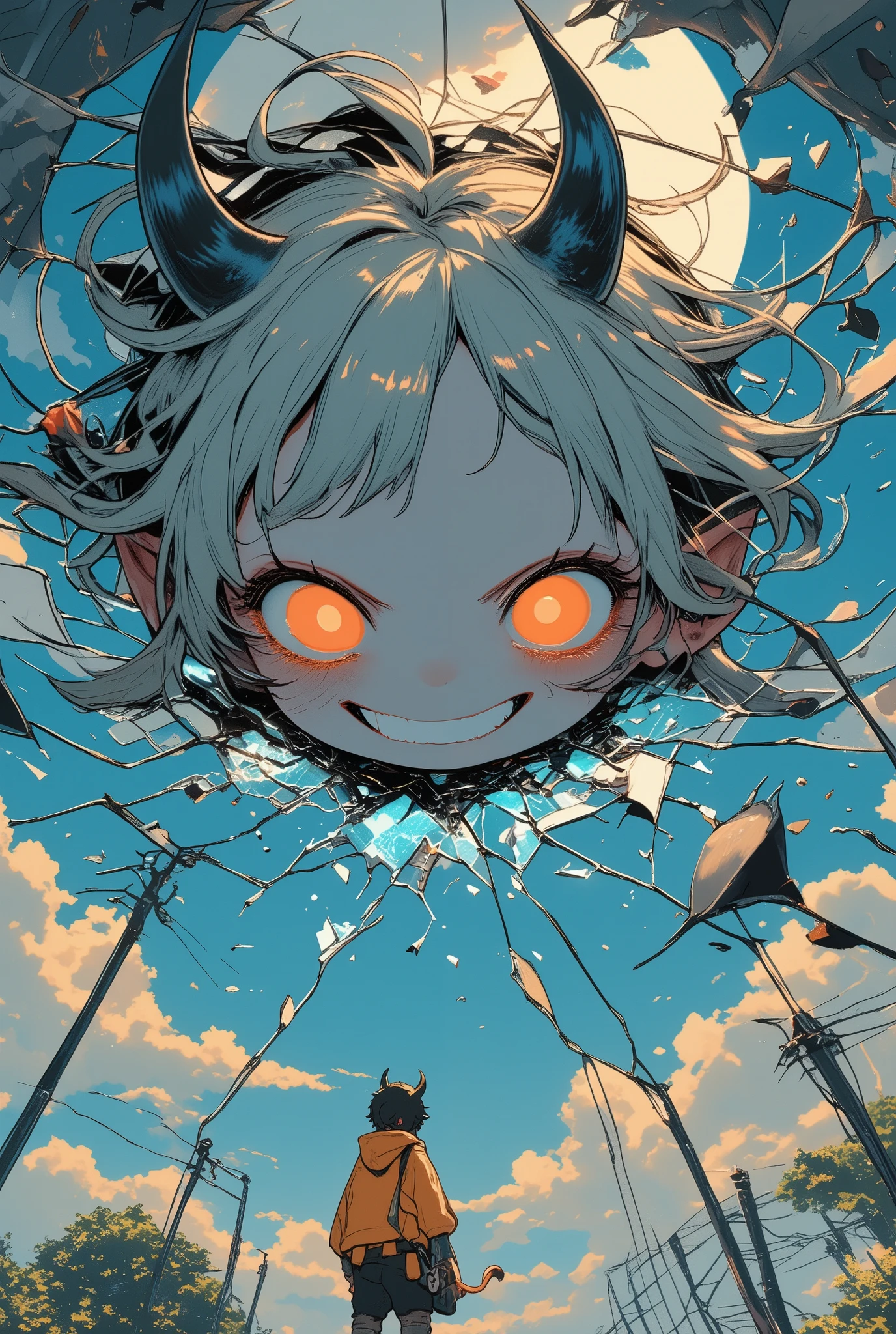 from below, The beautiful, clear sky suddenly cracks (like a mirror or glass cracks) and a cute devil with an evil grin peeks out from the gap. shattered pieces of the sky, iridescent cracks various effects, professional and perfect composition, extremely delicate depiction, extremely clear image, bold and dynamic, contrasts of light and shadow, 2.5D, artistic photography, hyper realistic, ultra detailed, absolutely resolution, masterpiece
