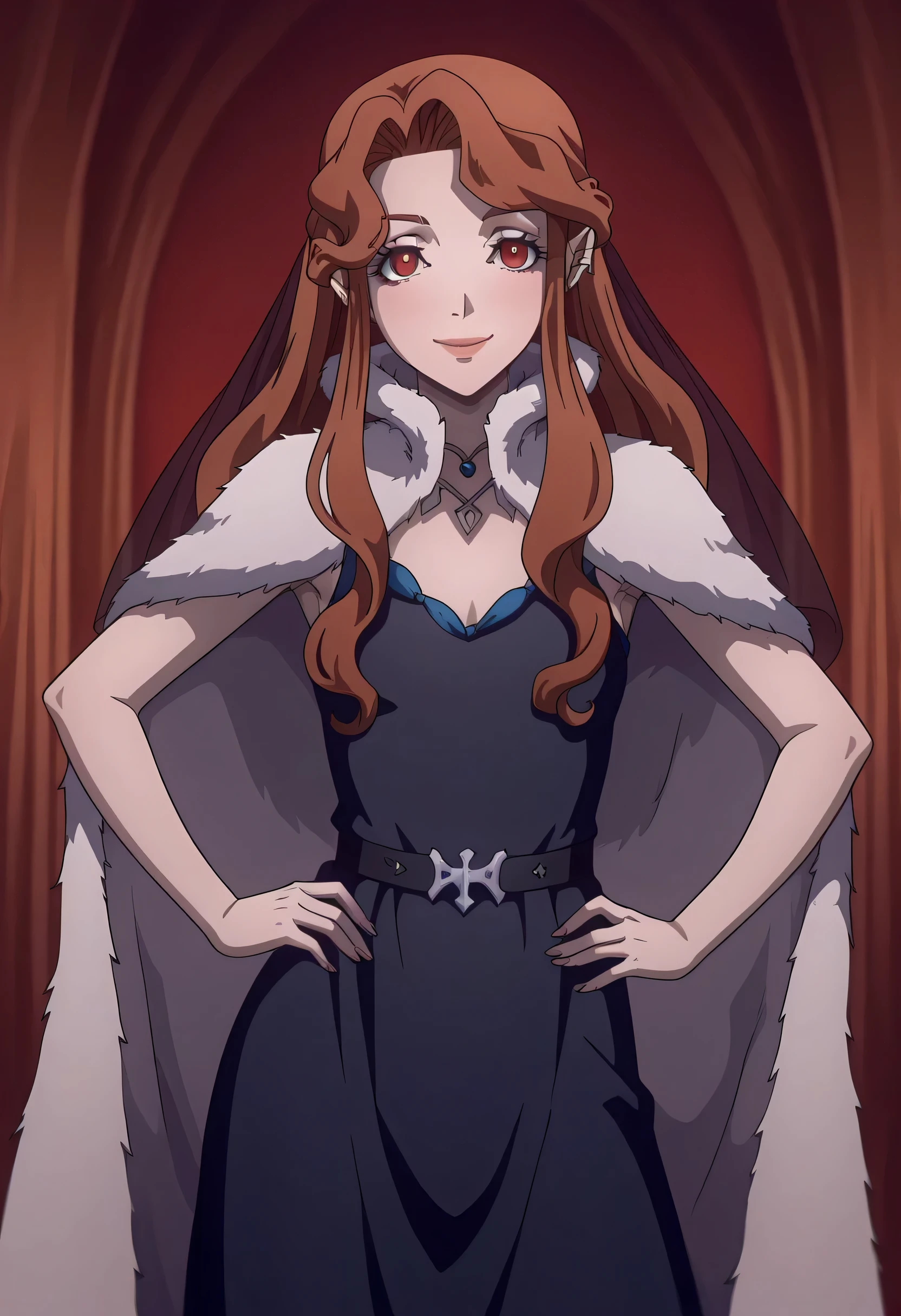 masterpiece, best quality, amazing quality, very aesthetic, intricate details, depth of field, cel shading, pinup, BREAK.
indoors, inside,
looking at viewer, smile,
BREAK.
standing, contrapposto, hands on own ,
portrait, cowboy shot, front view, facing viewer, straight-on,
BREAK.sleeveless dress,bare arms,hands behind head, armpits, armpit crease,
black dress, long dress, long sleeves, fur trim, fur cloak, brown footwear, belt, veil, BREAK.
1girl, solo, pale skin, vampire, fangs, pointy ears, red eyes, brown hair, long hair, sidelocks, parted bangs, wavy hair, braid, jewelry, necklace, ear piercing,