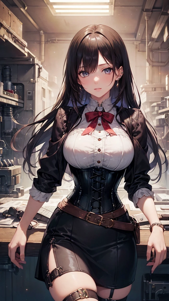 (masterpiece:1.2, Highest quality), (Realistic, photoRealistic:1.4), Beautiful illustrations, (Natural Side Lighting, Cinema Lighting), Looking at the audience, Upper Body, (Front view), 1 girl, Perfect Face, Symmetrical cute face, Glowing Skin, Baby Face, Long eyelashes, (Large Breasts), (Wide Hips),Beautiful Hair, Beautiful Face, Beautiful and beautiful eyes, Beautiful body, Beautiful breasts, Beautiful thighs, Beautiful legs, Beautiful fingers,(Beautiful views),(Cute Smile:1.2, Superior),Knee socks,Layered skirt,(Clothing Belt:1.5),((Sexy Bondage Cosplay:1.5)),Bikini Tops