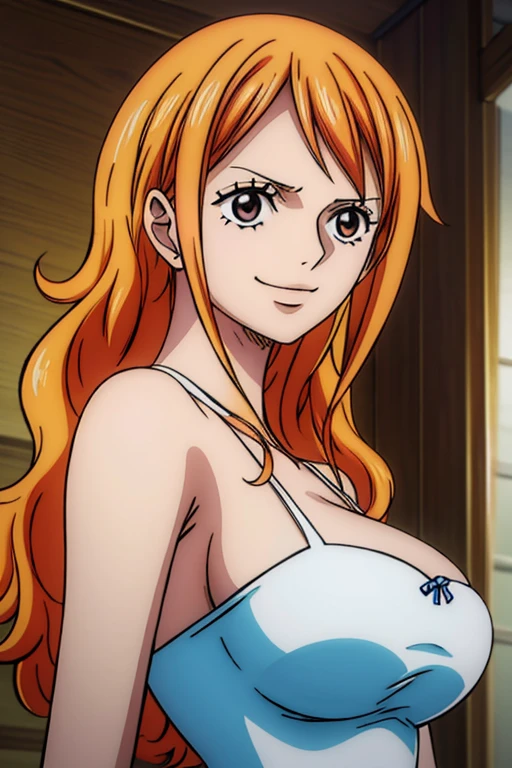 Nami de One Piece,Chica de pelo muy claro y amarillento,hermosos ojos marrones, Mejillas sonrojadas,en una nube en el cielo sonriendo al espectador,senos grandes,rubor en la mejilla con un pelo libre, The art style should resemble a captivating anime style. vivid colors, ,Su cabello debe ser de color naranja claro, barriga, barriga, pechos grandes, desnudo, desnudo