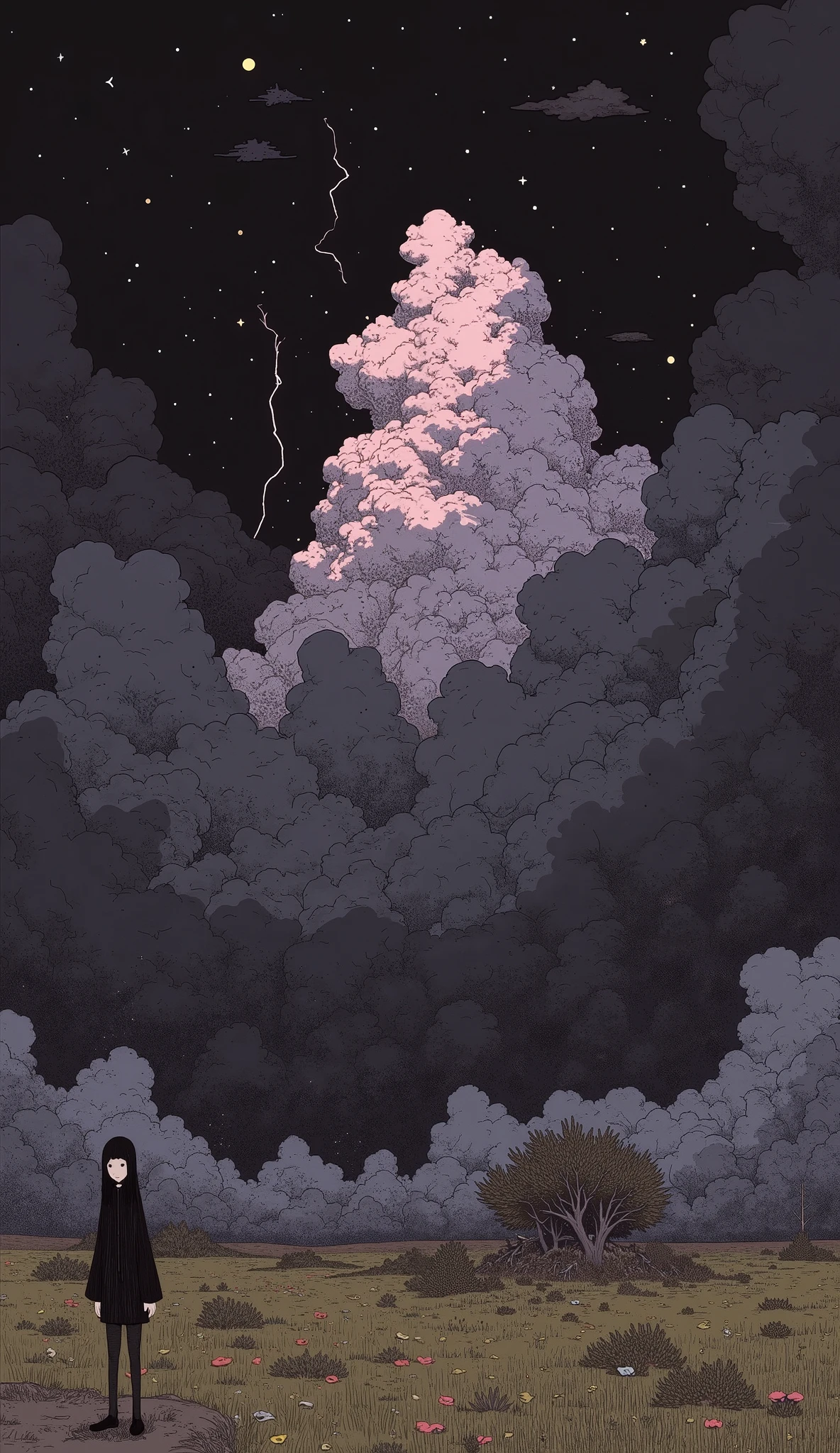 estilo ilustración digital manga:1.5, a cracked sky:1.51, dramatic sky, apocalyptic sky, end of the world, dark clouds, dramatic lighting, ominous atmosphere, cinematic, muted colors, moody, somber, atmospheric, intricate cloud formations, textured clouds, ray of light, volumetric lighting, realistic, photorealistic, highly detailed, 8k, masterpiece