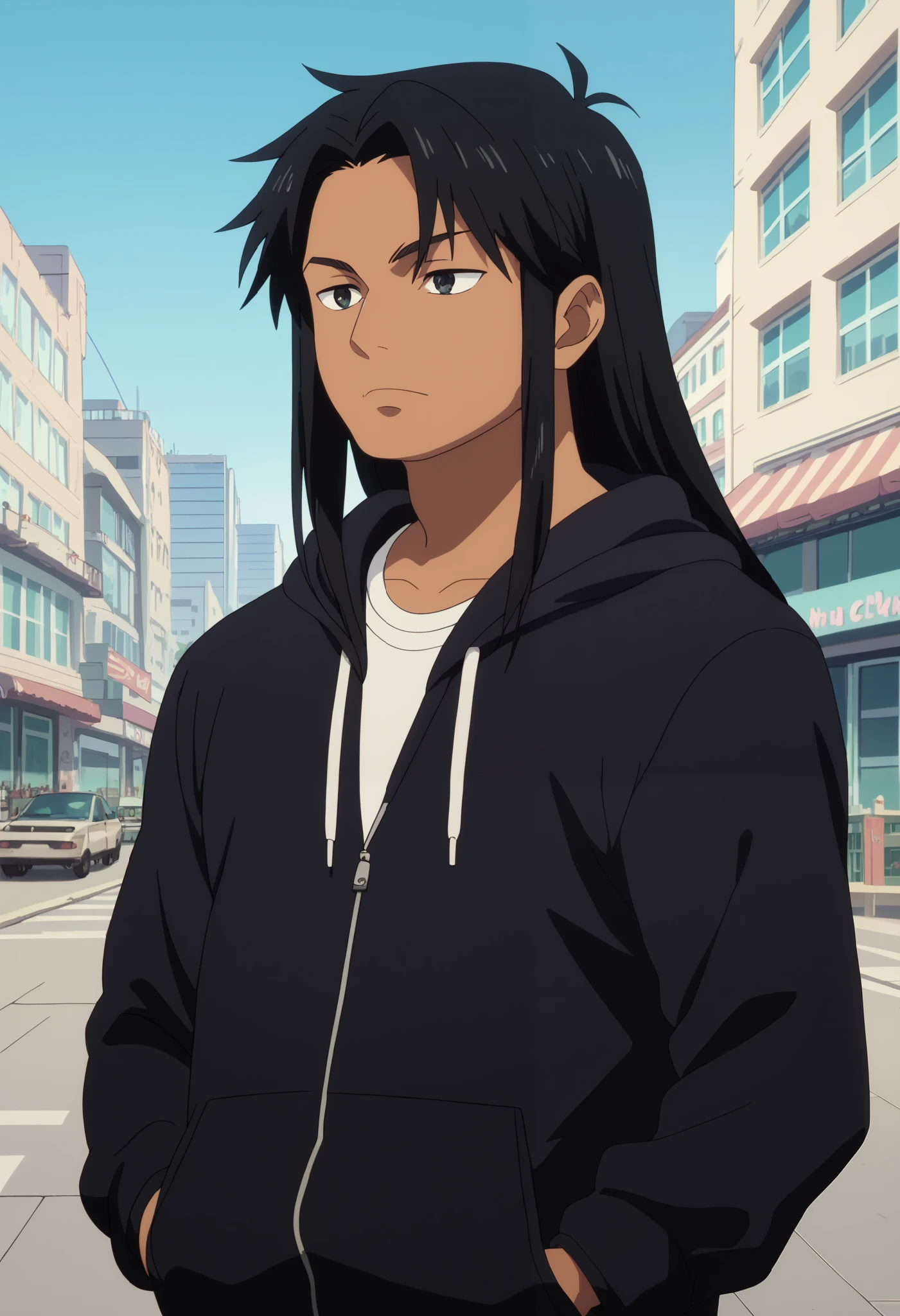 solo, 1boy, tan skin, tall, chubby, hoodie, black hair, long hair, gently face, pastel color, city background