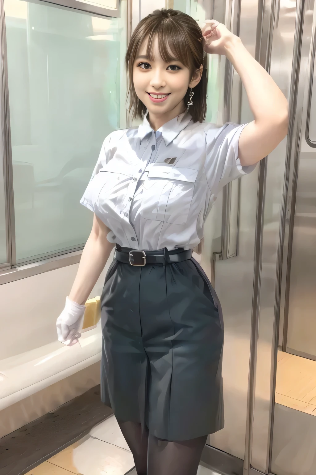 (Masterpiece:1.2, best quality :1.2), 32kHDR, high resolution, (Alone、 1 girl)、(Rooftop of a building during the day、 professional lighting)、Building rooftop background、( Tokyo Subway Woman Crew Uniform Real Style Woman 6)、(TOKYO SUBWAY WOMAN CREW UNIFORM BLOUSE SHORT SLEEVE 、 above knee culotte skirt、Waist belt)、 black pantyhose holding a puppy、 dark brown hair 、( hair gathered、 hair bang)、 dark brown hair 、Long Hit、 big breast、Thin legs、(( amazing hands:2.0)),((harmonious body proportions:1.5)),((Normal limbs:2.0)),((Usually refers to:2.0)),(( Delicate Eyes:2.0)),((Normal eyes:2.0)))、(Beautiful standing figure showing the Tokyo Subway Woman Crew Uniform) 、Hands crossed underneath 、Shy smile