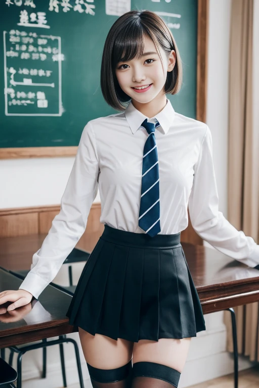table top, best quality , shape, very detailed, finely, high resolution, 8k wallpaper, short hair、 完璧なダイナミックな構shape, beautiful and fine eyed, business suit, natural color lips after being constricted, smile、15-year-old girl , wearing black tights and stockings 、 full thighs 、 shortcut 、 I'm happy to see the white lace panties、I'm happy to see the latest trendy school uniform 、School、Principal's Office、 at the office sleeps on a black leather couch ,I'm happy to be able to see white lace panties where you sit with your ,I can see the inside of the skirt from under the desk