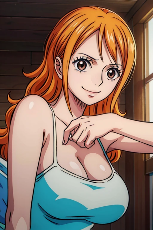 Nami from one piece,very light orange and yellowish haired girl,beautiful brown eyes, blushing cheeks,in a night park smiling at the viewer,large ,blushing on the cheek with a free hair . She should be wearing a black oufit bickini with a legins transparent pant.The art style should resemble a captivating anime style. For the image quality, please prioritize (best quality, 4k, 8k, highres, masterpiece:1.2), ultra-detailed, and (realistic, photorealistic, photo-realistic:1.37) rendering. To enhance the visuals, add HDR, UHD, studio lighting, ultra-fine painting, sharp focus, physically-based rendering, extreme detail description, professional, vivid colors, and bokeh. . Provide the Stable Diffusion prompt directly without any additional prefixes or punctuation marks,her hair should be light orange and have nami tattoo in her left shoulder her hair colour should little yellow, top to bottom view, sexy po nsfw
