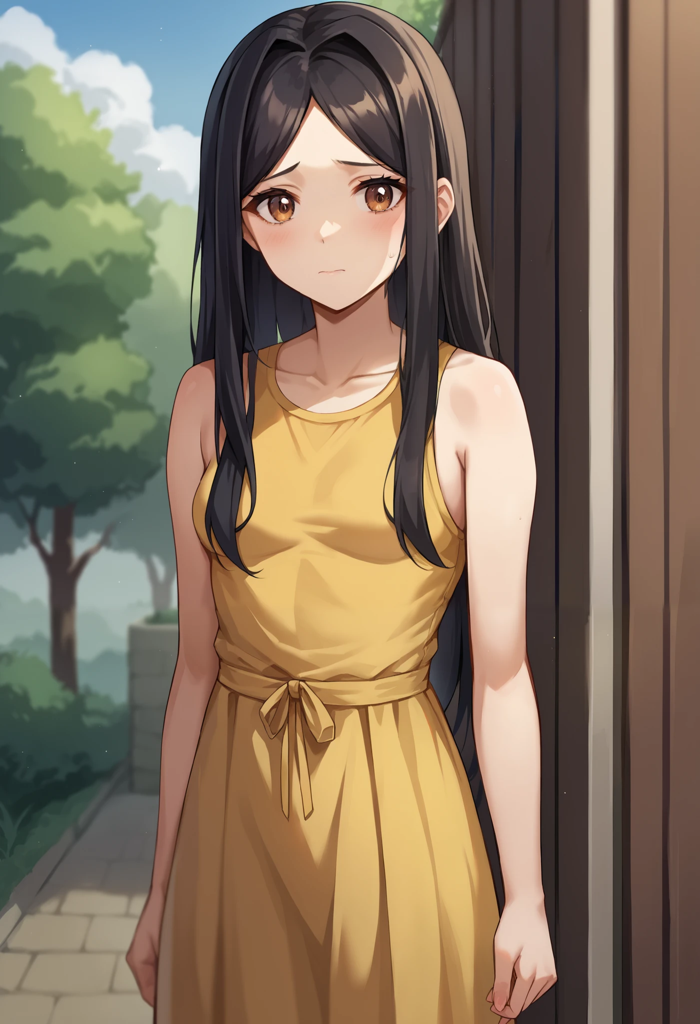score_9, score_6_up, source_anime, uncensored, cowboy shot, BREAK
1girl, solo, age, medium girl, black hair, long hair, parted bangs, brown eyes, small breasts,
(yellow sleeveless dress),
looking at viewer, worried, closed mouth, arms at side, standing, BREAK
outdoors, drought, noon